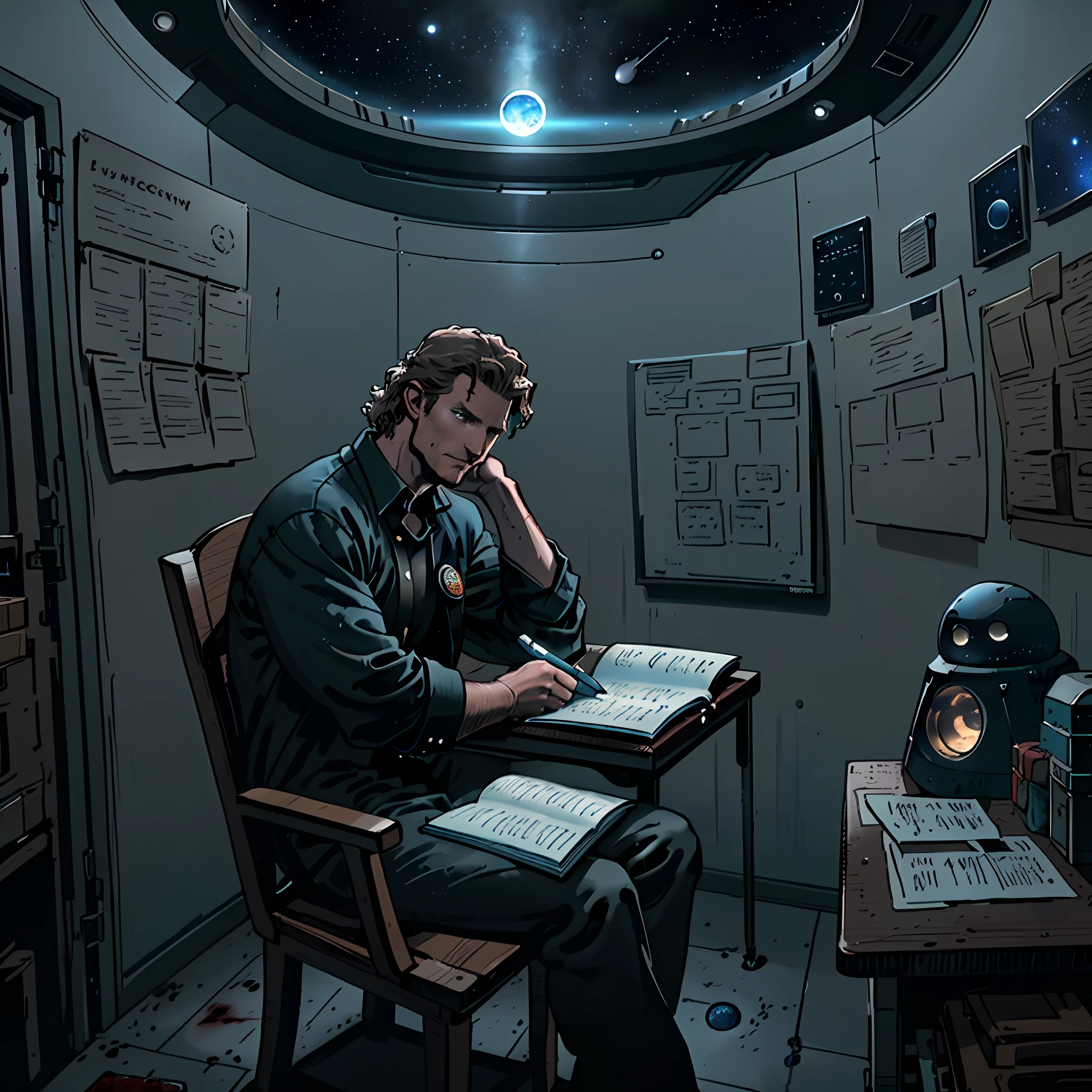 matthew mcconaughey sitting on a chair in a small room at the space ship, looking at the evidence board , asteroid belt visible through the small window. He is making notes with a notebook, surrounded by several black holes. Dark mood, Soft dramatic lighting from distant stars and planets illuminates the scene, casting deep shadows on the grey shirt. The man looks confident and determined, looking at the vast and mysterious universe with wonder and respect, cowboy shot, blue contrast colour, blood splater here and there, vast deep shadows, detective shot, filthy looking, insomniac, eyes bags, tired looking, hunchback