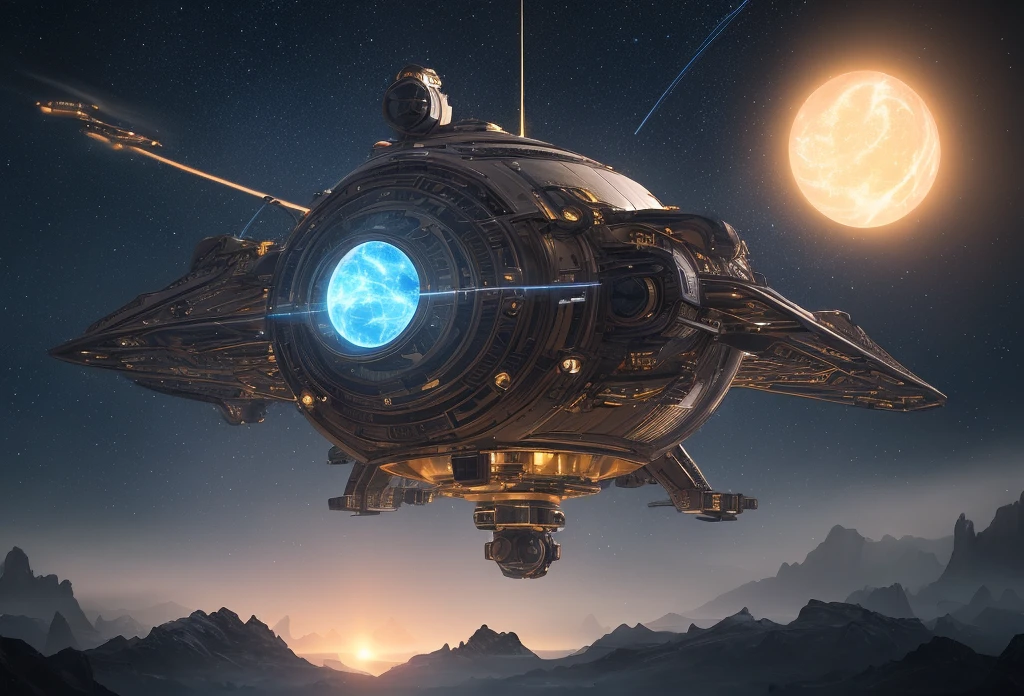 1 giant alien craft, intricately realistic and ultra detailed midnight aura, night sky, windows inmitting lights backlit, glamour, shimmer, shadows, oil on canvas, brush strokes, soft, ultra high definition, 8k, unreal engine 5, ultra focus sharp, , masterpiece of intricate artwork, menacing, matte painting film poster, golden ratio highly detailed production cinematic character rendering