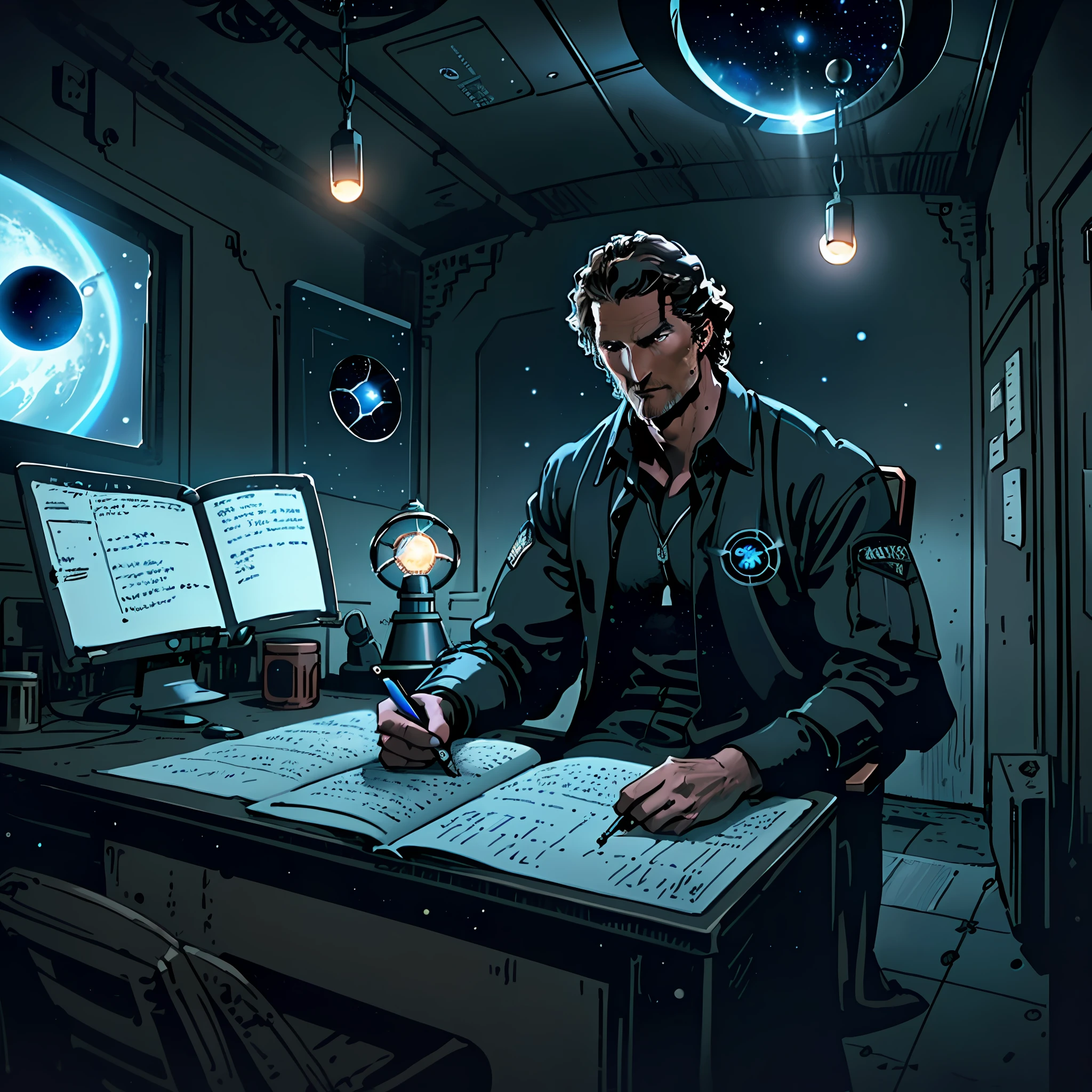 matthew mcconaughey sitting on a chair in a small room at the space ship, looking at the evidence board , asteroid belt visible through the small window. He is making notes with a notebook, surrounded by several black holes. Dark mood, Soft dramatic lighting from distant stars and planets illuminates the scene, casting deep shadows on the grey shirt. The man looks confident and determined, looking at the vast and mysterious universe with wonder and respect, cowboy shot, blue contrast colour, blood splater here and there, vast deep shadows, detective shot, filthy looking, insomniac, eyes bags, tired looking, hunchback