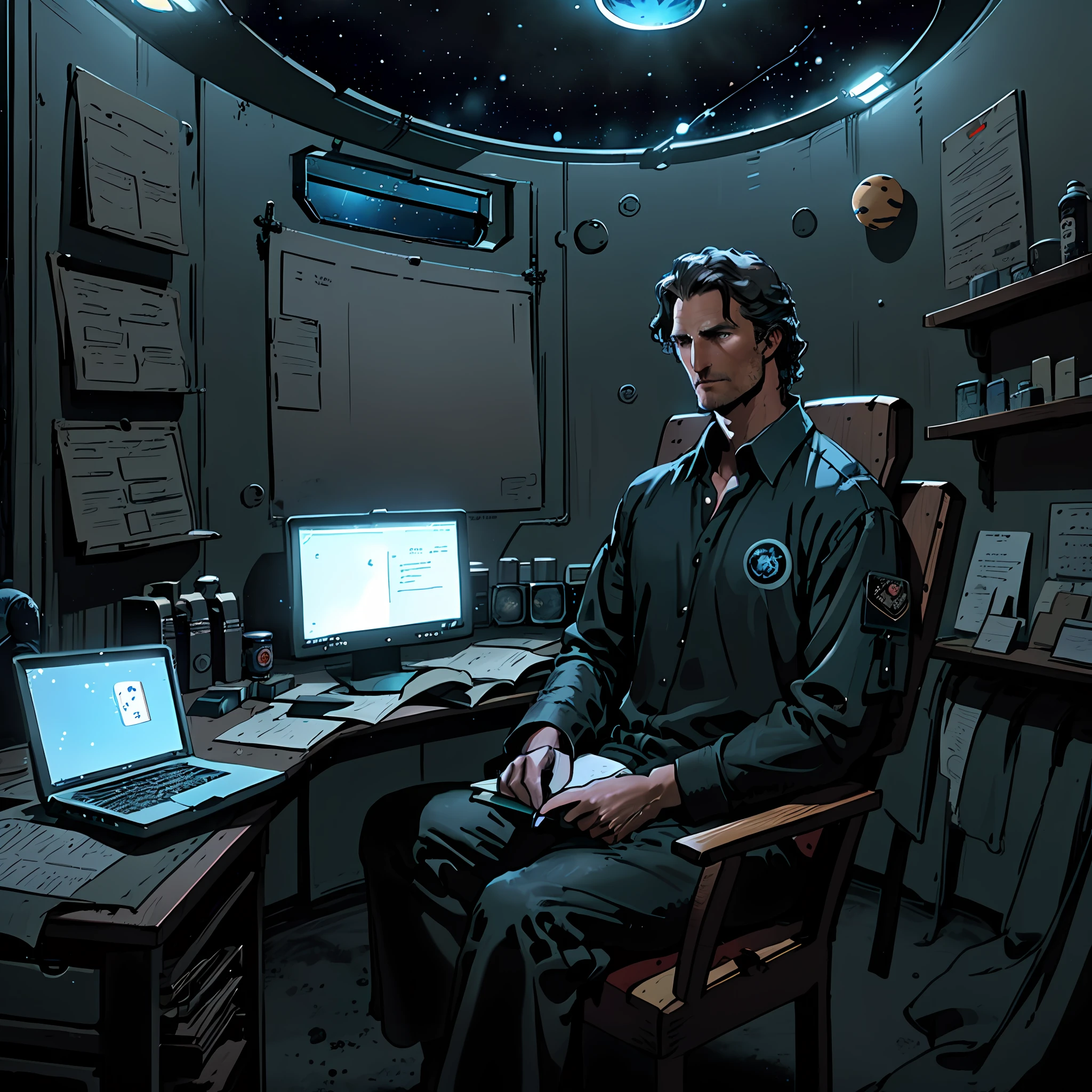 matthew mcconaughey sitting on a chair in a small room at the space ship, looking at the evidence board , asteroid belt visible through the small window. He is making notes with a notebook, surrounded by several black holes. Dark mood, Soft dramatic lighting from distant stars and planets illuminates the scene, casting deep shadows on the grey shirt. The man looks confident and determined, looking at the vast and mysterious universe with wonder and respect, cowboy shot, blue contrast colour, blood splater here and there, vast deep shadows, detective shot, filthy looking, insomniac, eyes bags, tired looking, hunchback