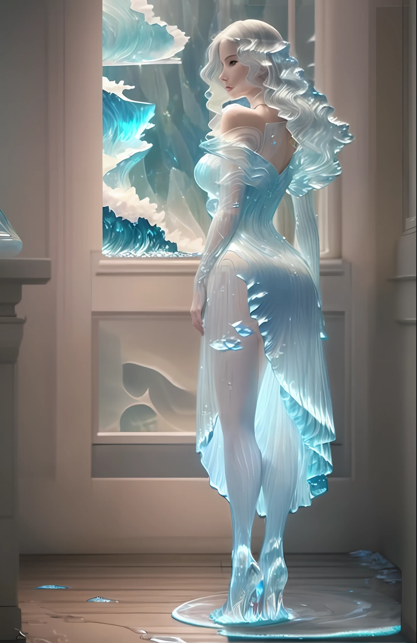 arafed woman in a blue dress standing in a room, moebius + loish + wlop, body made of glass, art nouveau octane render, translucent dress, dress made of water, wearing a dress made of water, female made of ice, highly detailed surreal vfx, fantasy dress, a still of an ethereal, detailed digital 3d art