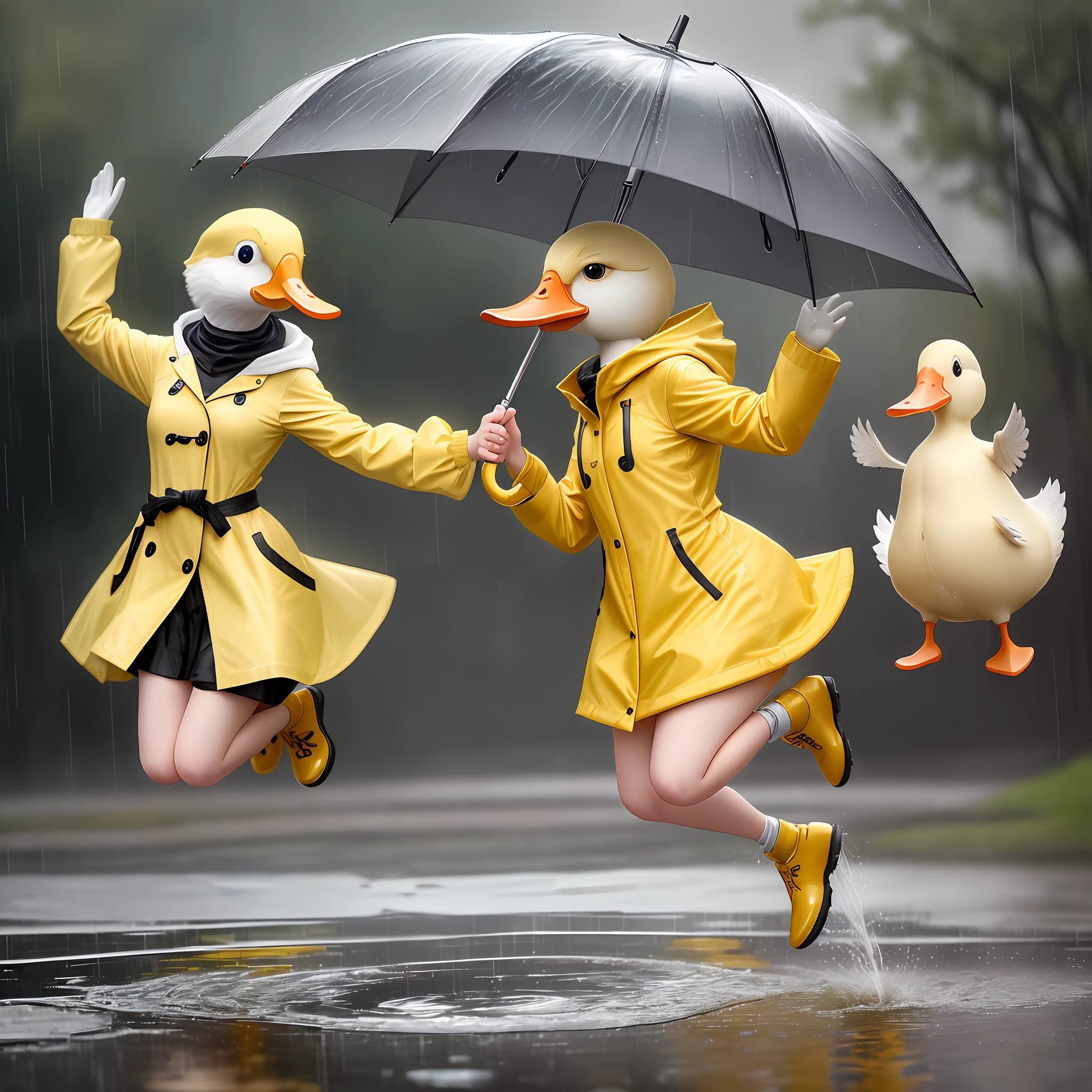 real life anthropomorphic duck wearing a yellow raincoat, fantasy style, jumping in a puddle, rain, umbrella —q 2 —v 5.1 —style raw