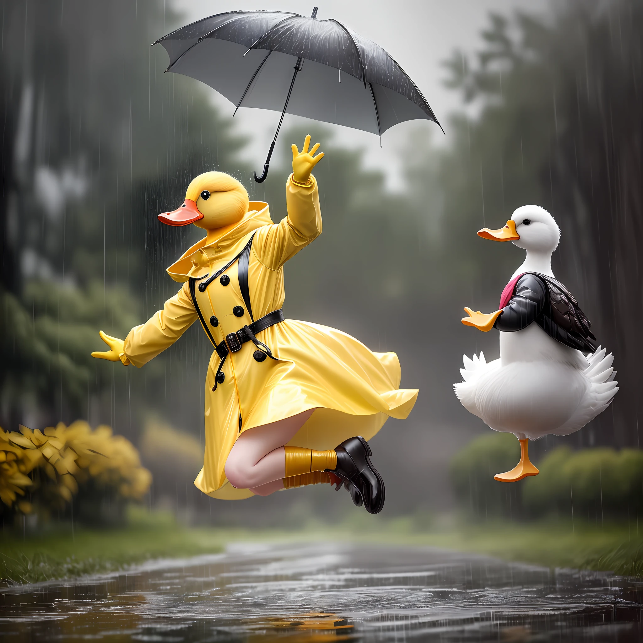 real life anthropomorphic duck wearing a yellow raincoat, fantasy style, jumping in a puddle, rain, umbrella —q 2 —v 5.1 —style raw