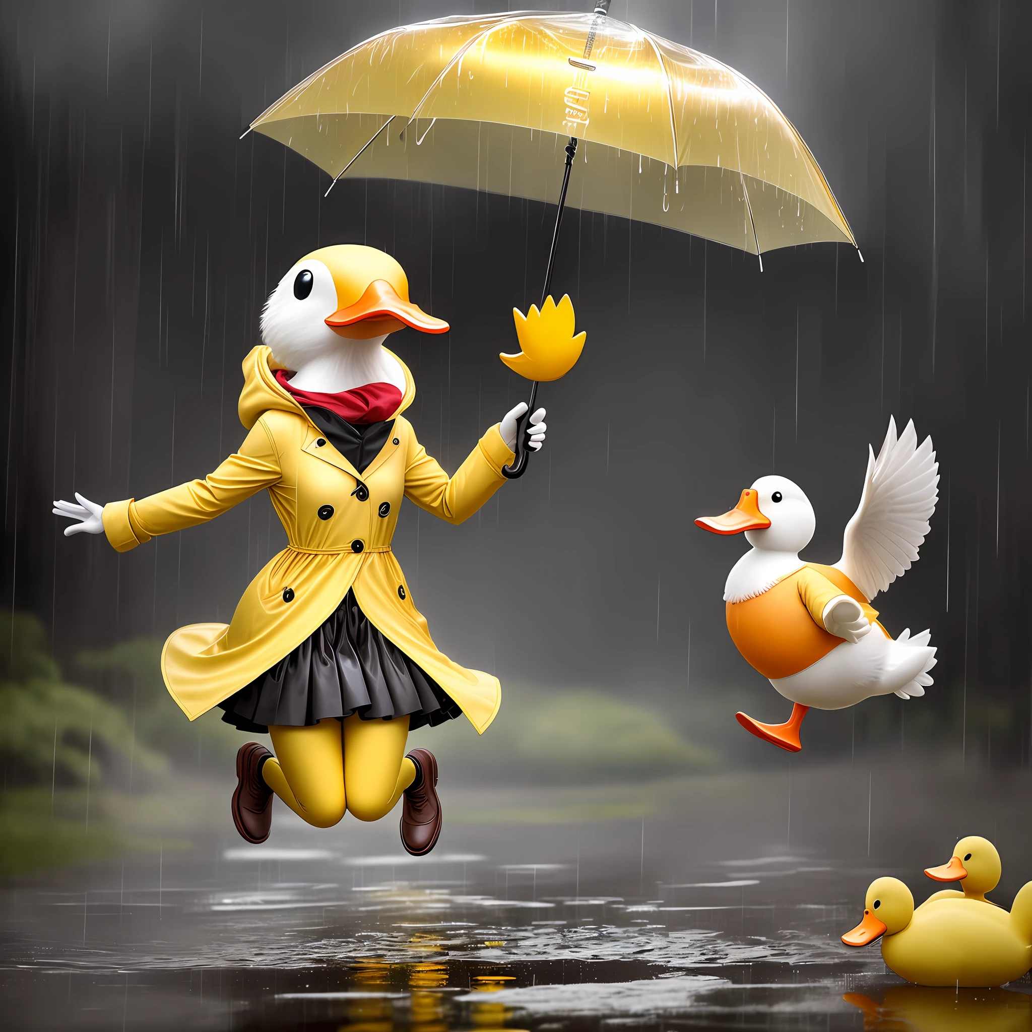 real life anthropomorphic duck wearing a yellow raincoat, fantasy style, jumping in a puddle, rain, umbrella —q 2 —v 5.1 —style raw