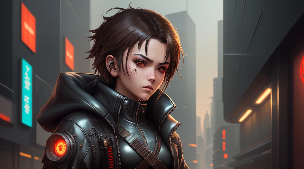 1 person (extremely detailed cyberpunk illustration, best quality and high resolution, shadow, texture, lighting quality), slim figure, sharp jaw, brown hair, edgy teenager with a samurai vibe, (edgy attire:1.2+bounty hunter outfit), confident stand, determined gaze, latex .