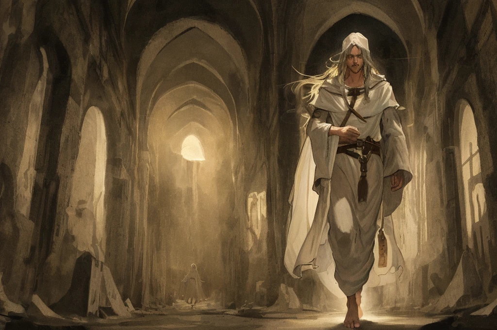 Jesus Christ in a simple white robe walking in a desert at night with destroyed medieval buildings around him, detailed cloudy sky with lots of clouds and lightning right in the middle of the image, digital art with intense colors and minute details, medieval caricature, extreme details, color gradient, medium format film photography, wide image, character inside the image, Jesus Christ on his back, full body inside the image, sand wind, barefoot Jesus, very dark environment, lighting only on Jesus, dark sky, nostalgic atmosphere