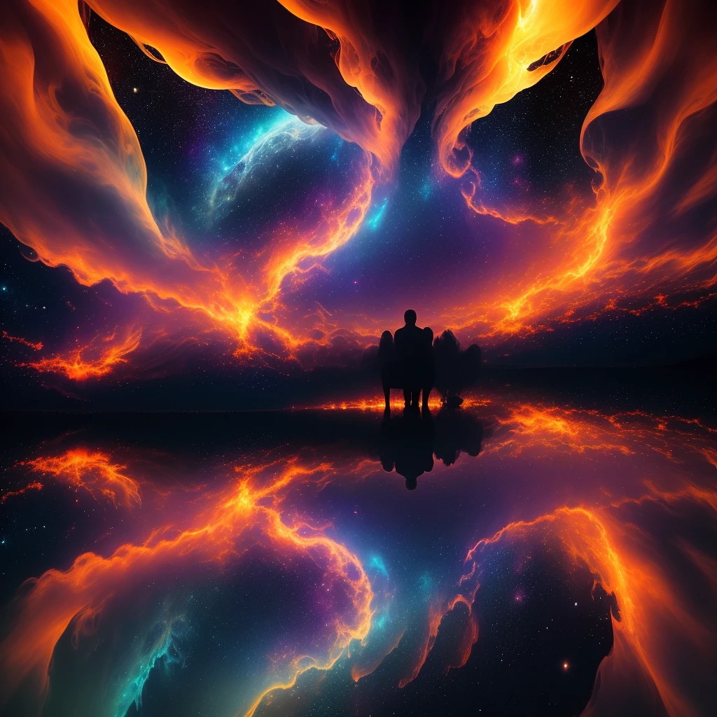 A fantastic and otherworldly photograph of a man and a woman sitting cuddled facing each other, legs entwined, wrapped in a celestial aura of fire and psychedelic colors, creating a magical and enchanting scene with the universe in the background, ethereal lighting