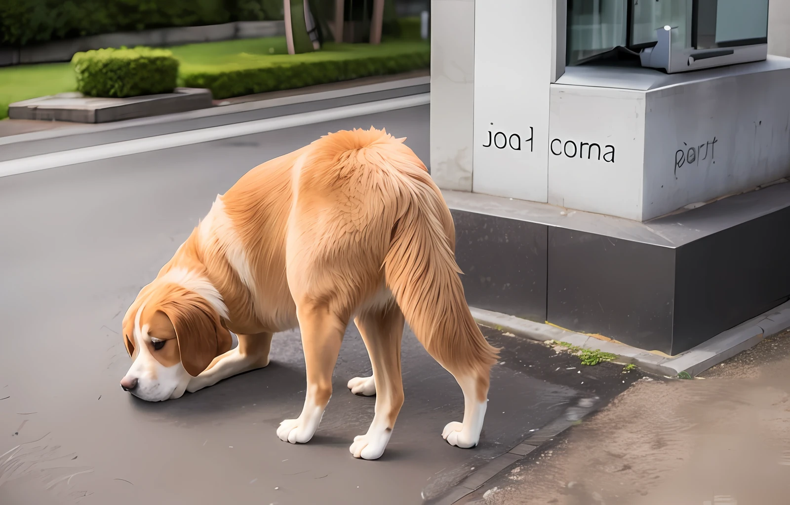 A dog sits on the ground