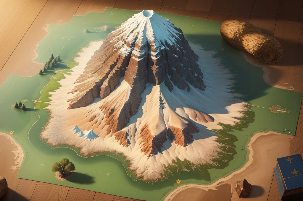 A very large map, seen from above, in table top format, for rpg, with volcano, desert, mountains with snow and forests, very detailed, 4k