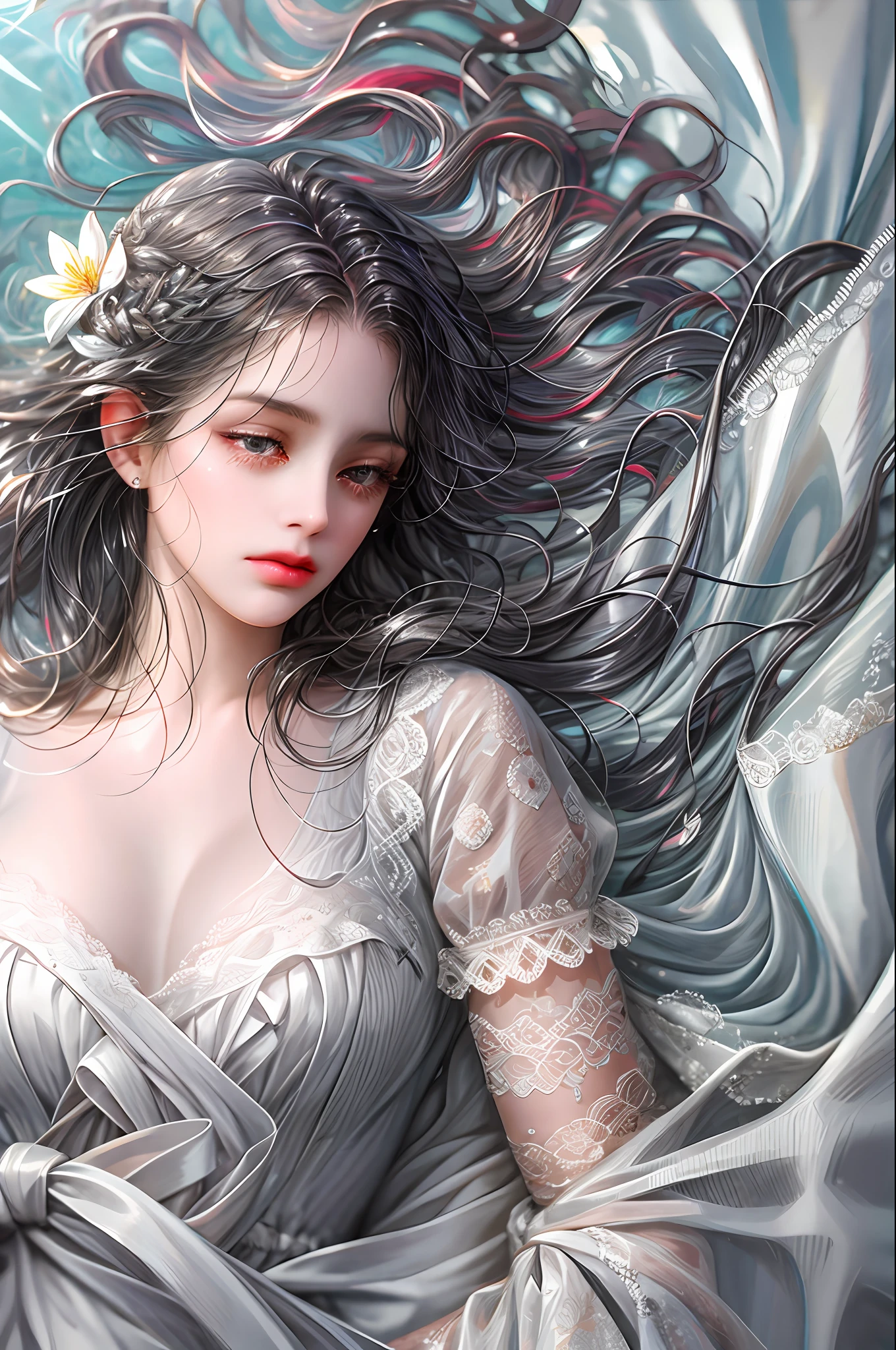 (absurd, high resolution, ultra detailed), 1 girl, alone, mature, (long wavy dark gray hair), white dress, elegant, holy, colorful, more detailed, portrait, close-up, underwater, floating hair, flower, sad, with tears.