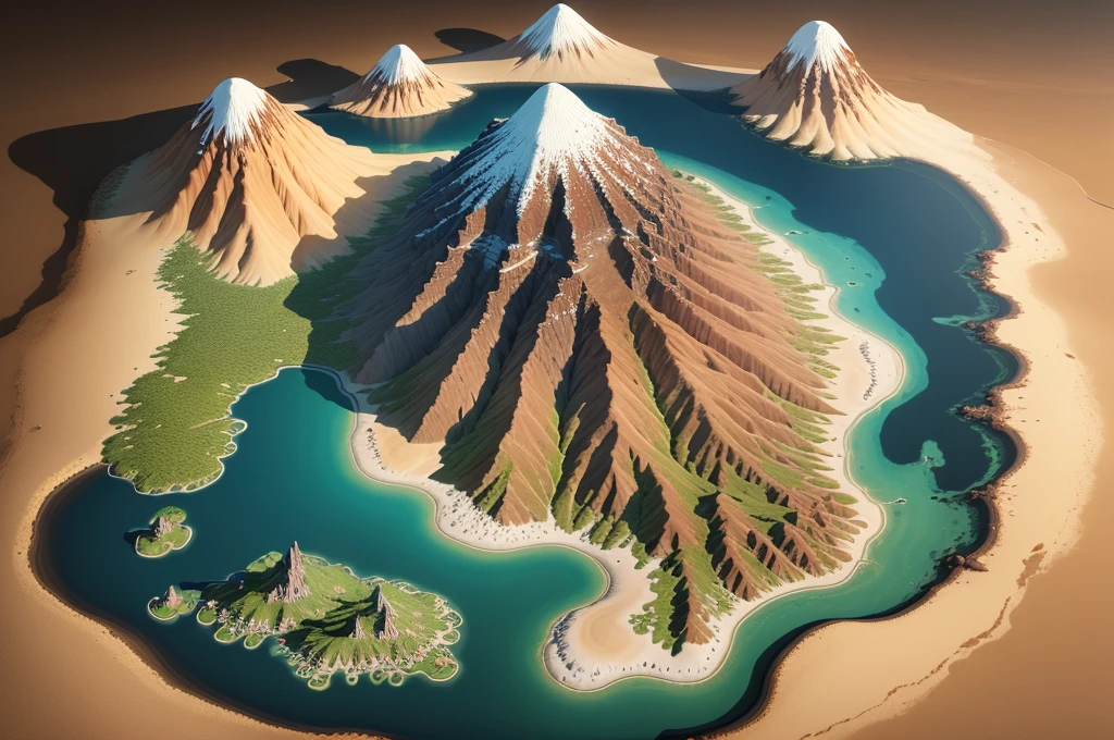A very large map, seen from above, in table top format, for rpg, with volcano, desert, mountains with snow and forests, very detailed, 4k