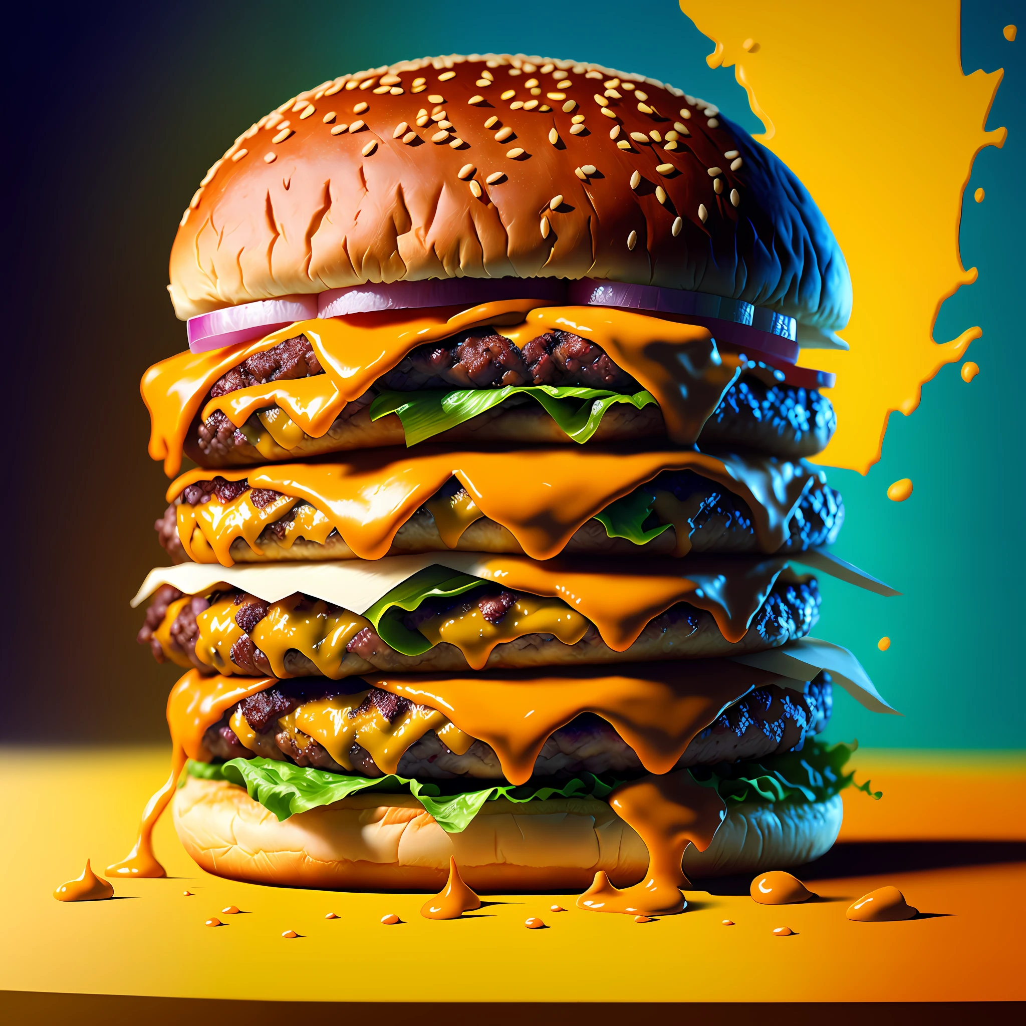 A Cheesburger sitting on a table, hyper realistic digital painting, color hyperrealism, amazing food illustration, blender cheesburger, amazing food photography, hyper realistic oil painting, hyper realistic color photo, ultra realistic oil painting, realistic color photography, hyper realistic oil painting, hyper realistic oil painting, beautiful 3d rendering, hyper realistic digital painting