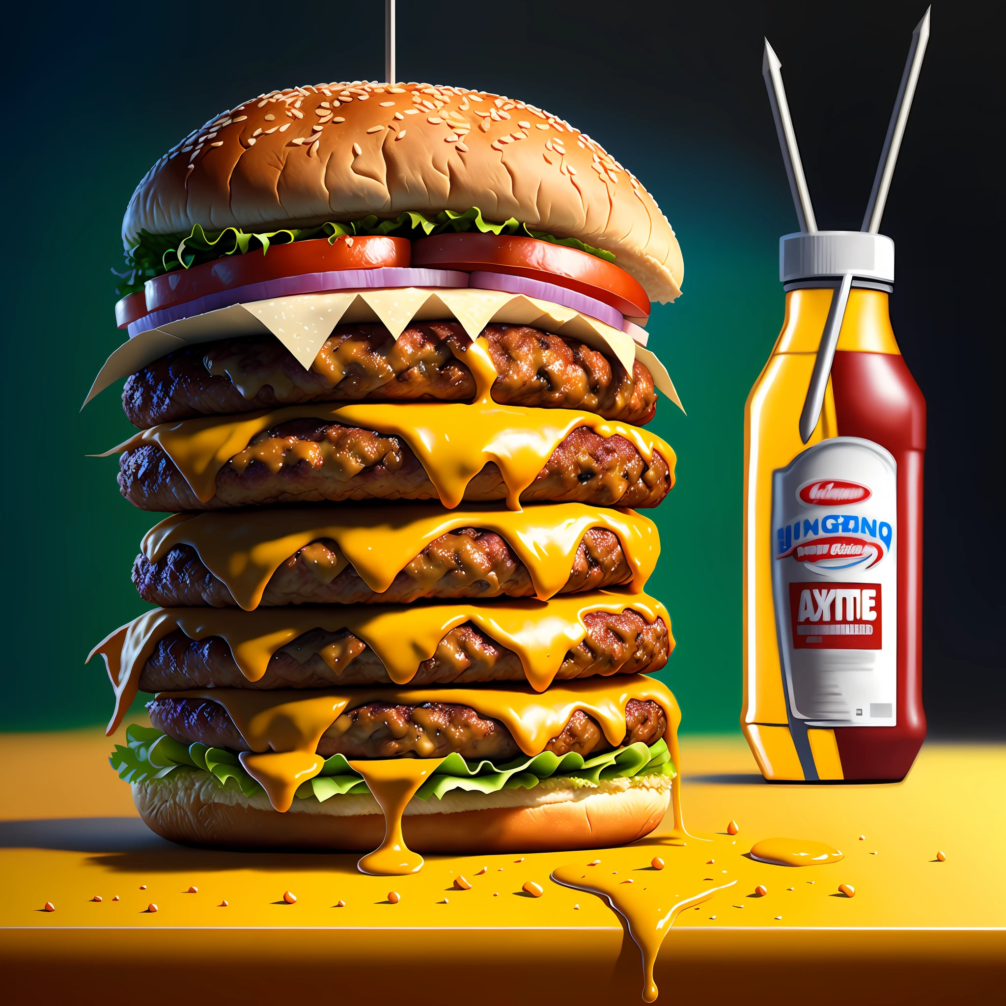 A Cheesburger sitting on a table, hyper realistic digital painting, color hyperrealism, amazing food illustration, blender cheesburger, amazing food photography, hyper realistic oil painting, hyper realistic color photo, ultra realistic oil painting, realistic color photography, hyper realistic oil painting, hyper realistic oil painting, beautiful 3d rendering, hyper realistic digital painting