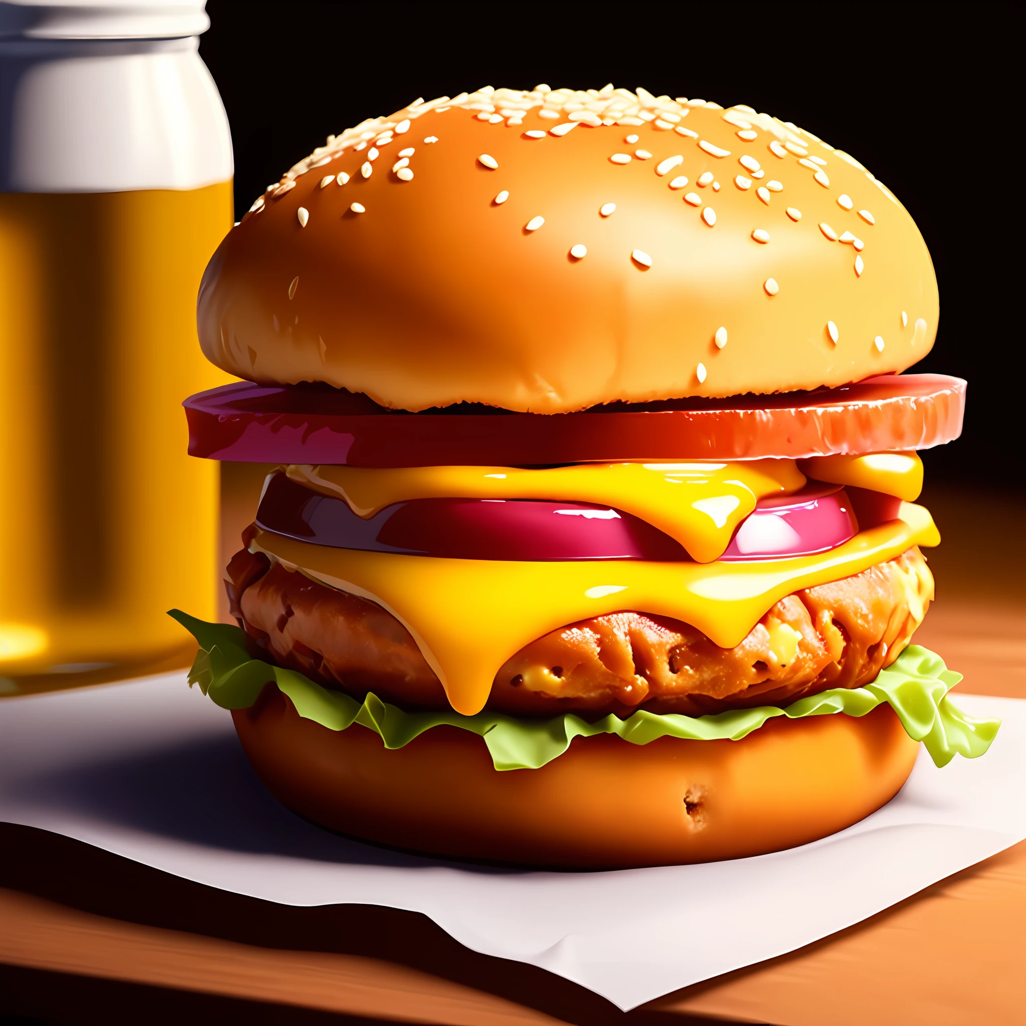 A Cheesburger sitting on a table, hyper realistic digital painting, color hyperrealism, amazing food illustration, blender cheesburger, amazing food photography, hyper realistic oil painting, hyper realistic color photo, ultra realistic oil painting, realistic color photography, hyper realistic oil painting, hyper realistic oil painting, beautiful 3d rendering, hyper realistic digital painting