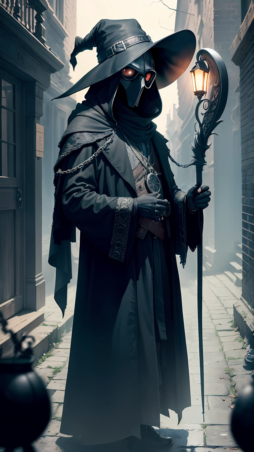 (Masterpiece, Best Quality), highres, (8k resolution), centered, (ultra-detailed), madgod, solo, plague doctor, goggles, hat, chains, black veil, beaked mask, volumetric lighting:1.1, dark, (details:1.2), sharp focus, floating particles, (depth of field), high quality, fuji 85mm, ruins, scenery, extremely detailed background, nightmare, 8k,  intricate, holding, scythe, long fingers, long fingernails,