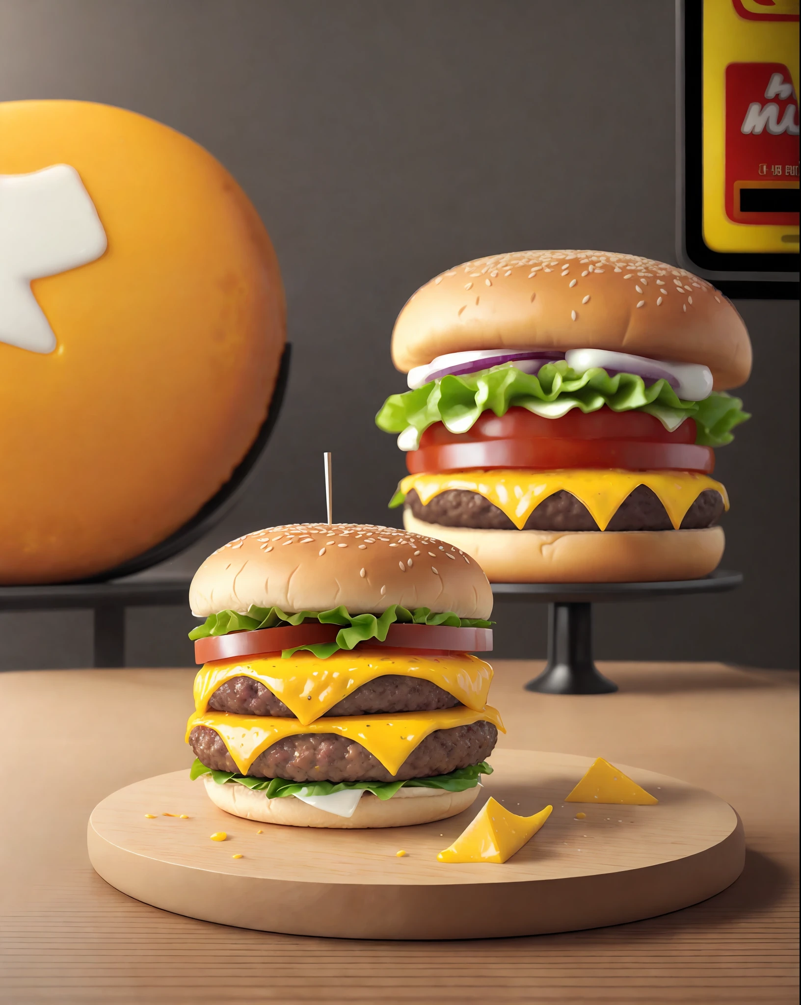 A Cheesburger sitting on a table, hyper realistic digital painting, color hyperrealism, amazing food illustration, blender cheesburger, amazing food photography, hyper realistic oil painting, hyper realistic color photo, ultra realistic oil painting, realistic color photography, hyper realistic oil painting, hyper realistic oil painting, beautiful 3d rendering, hyper realistic digital painting