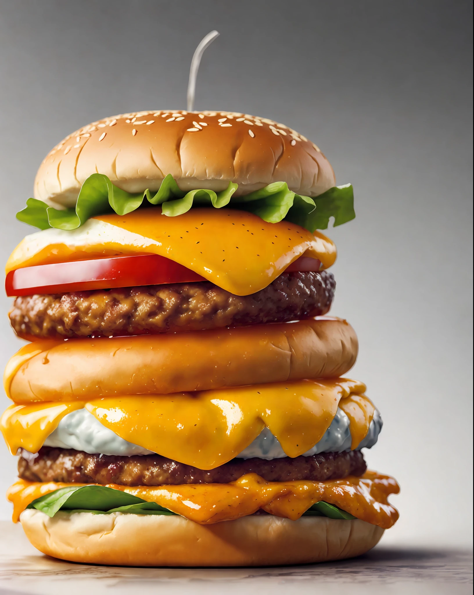 A Cheesburger sitting on a table, hyper realistic digital painting, color hyperrealism, amazing food illustration, blender cheesburger, amazing food photography, hyper realistic oil painting, hyper realistic color photo, ultra realistic oil painting, realistic color photography, hyper realistic oil painting, hyper realistic oil painting, beautiful 3d rendering, hyper realistic digital painting