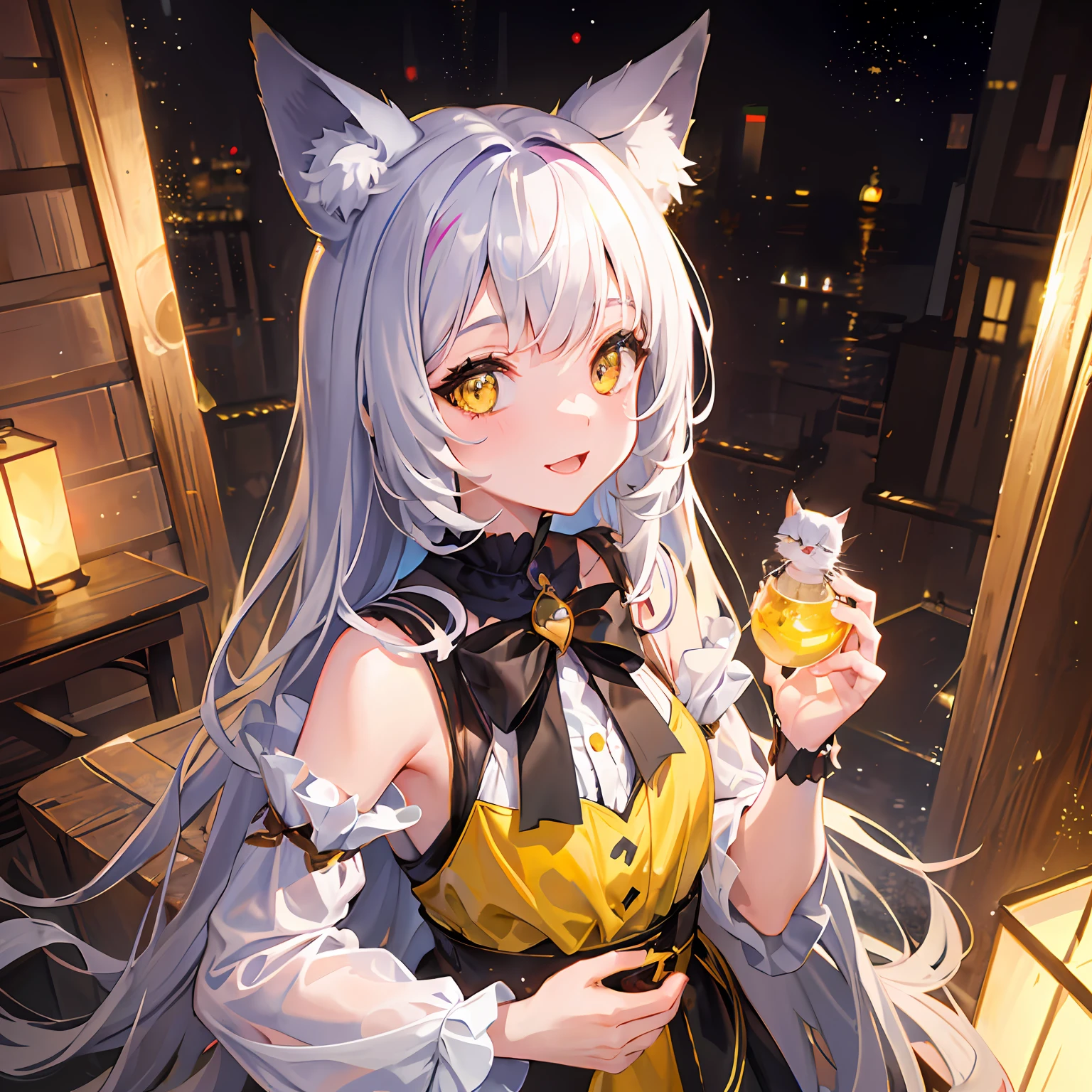 ((Realistic Cartoon)), ((Adorable Character)), ((Feline Features)), ((Vibrant Yellow Eyes)): an absolutely adorable girl with cat ears and bright yellow eyes, her cute features expertly captured in vivid detail. Her playful expression is sure to bring a smile to anyone's face, while the finely detailed cat ears and whiskers add a touch of whimsy to the scene. Ultra HD, with realistic lighting and hyper-detailed textures. Eye level, scenic, masterpiece.