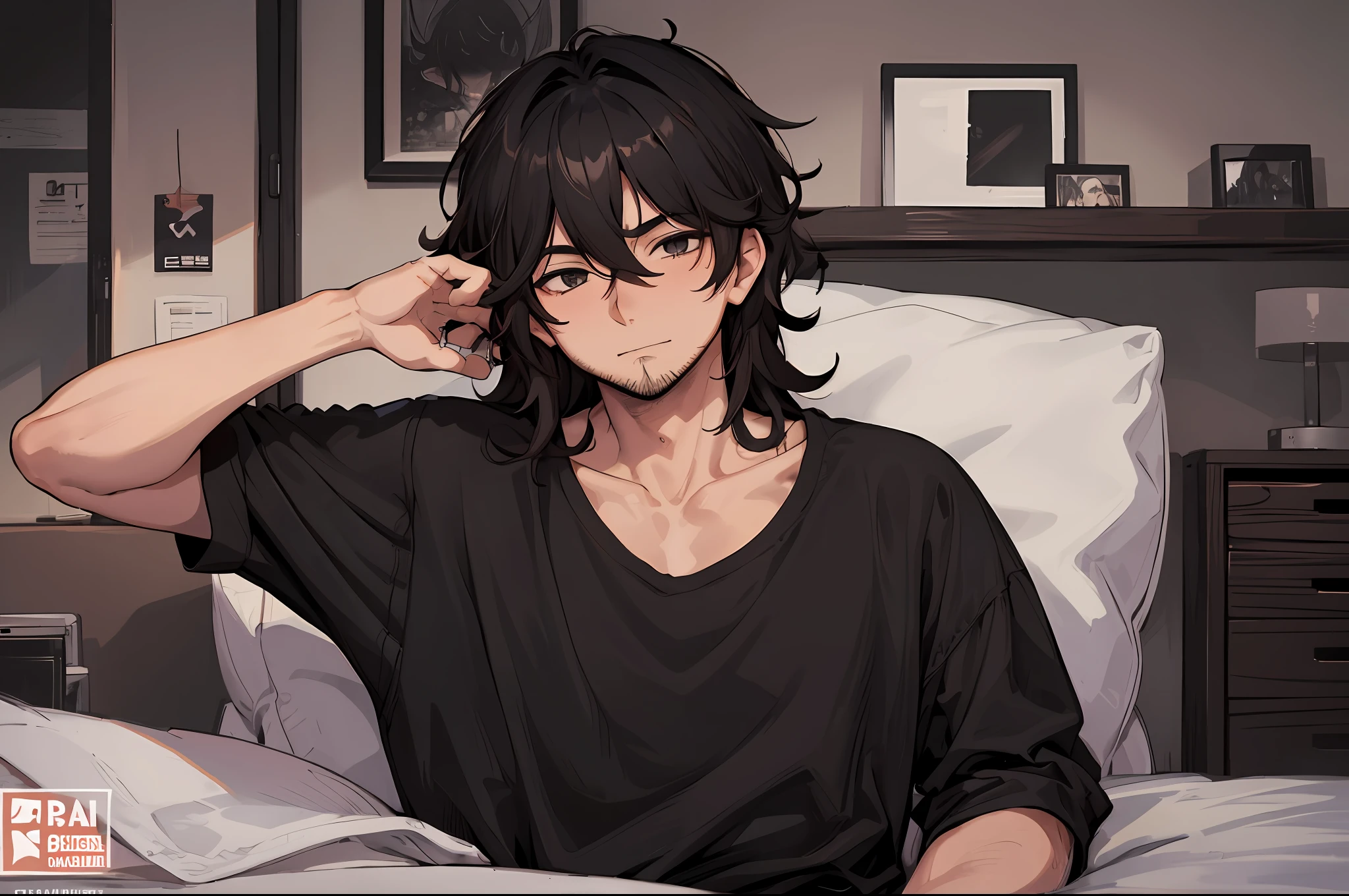 4k realistic, 25 years old, boy, in bed, oversized black shirt with logo, messy hair, stubble, in apartment