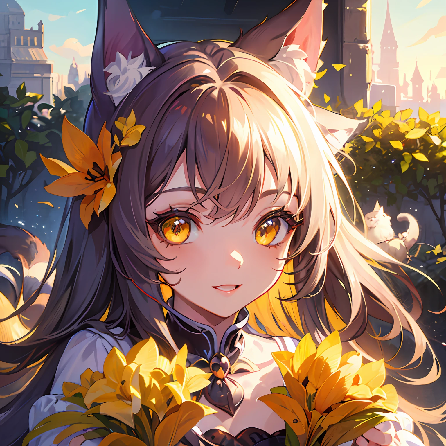 ((Realistic Cartoon)), ((Adorable Character)), ((Feline Features)), ((Vibrant Yellow Eyes)): an absolutely adorable girl with cat ears and bright yellow eyes, her cute features expertly captured in vivid detail. Her playful expression is sure to bring a smile to anyone's face, while the finely detailed cat ears and whiskers add a touch of whimsy to the scene. Ultra HD, with realistic lighting and hyper-detailed textures. Eye level, scenic, masterpiece.
