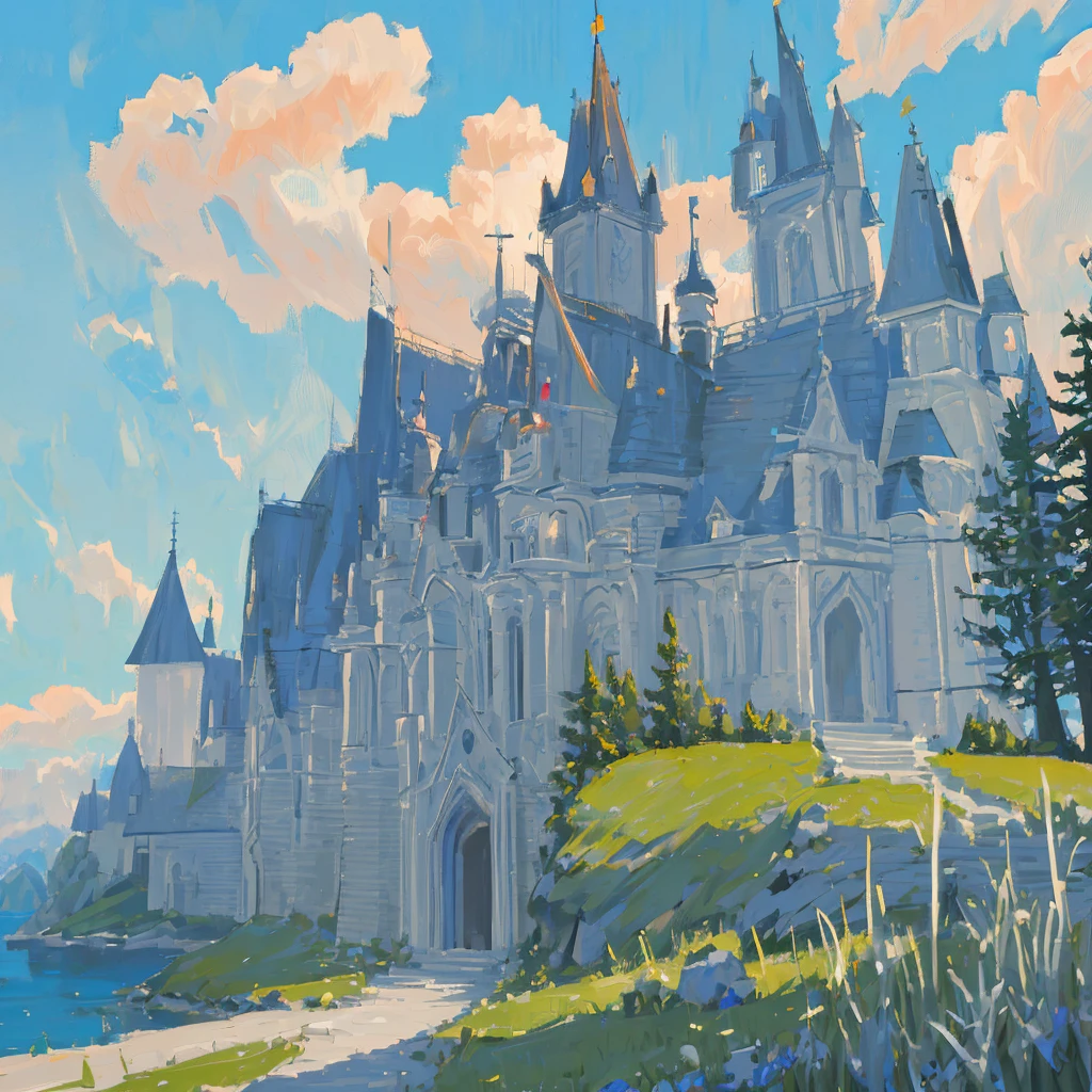 absurdres highres masterpiece best quality town castle forest sea sky clouds