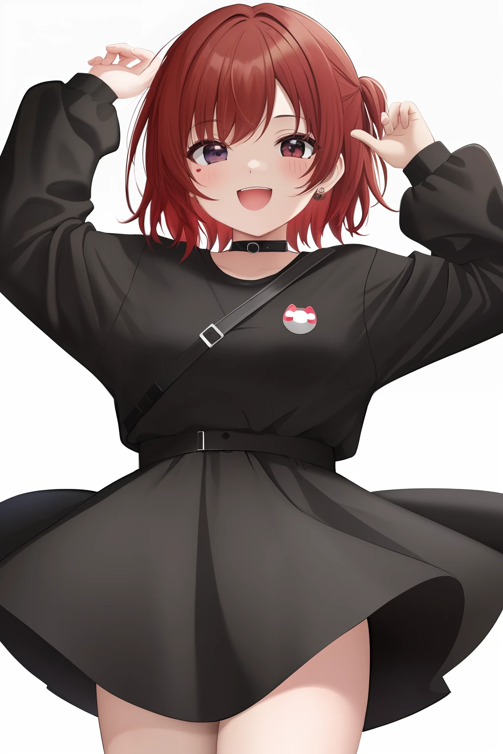 best quality, masterpiece, kyrielight mash, solo, 1girl, black eyes, :d, fat, black clothes, (chibi: 0.6), light red hair, short hair, sticker, emoji, cute, white background, ((laughing a lot ))