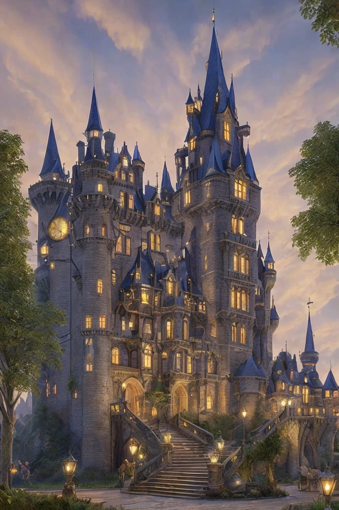 nighttime scene of a castle with a clock tower and steps leading to it, very far royal steampunk castle, beautiful render of a fairytale, fantasy architecture, huge towering magical university, fancy medieval architecture, high fantasy castle, victorian castle, epic castle with tall spires, steampunk villages castles, inside her surreal vr castle, luxury castle, beautiful castle, realistic fantasy render