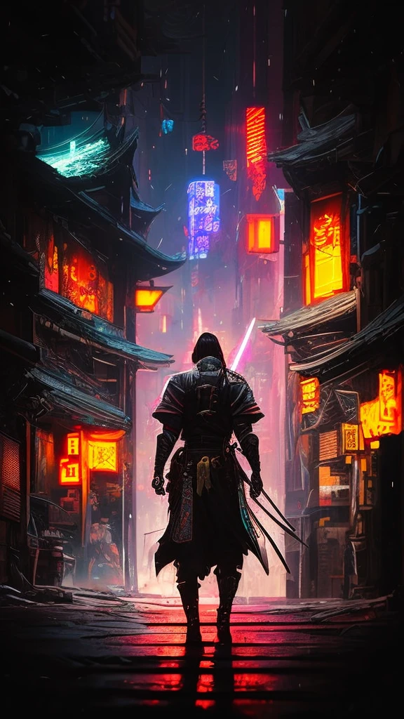 a poster of a man with a sword walking down a street, cyberpunk samurai, urban samurai, very beautiful cyberpunk samurai, neon samurai, ronin, street samurai, inspired by Kanō Hōgai, portrait of a cyberpunk samurai, andreas rocha style, dan mumford tom bagshaw, in the style dan mumford artwork, dan mumford. maya render, mystic ninja