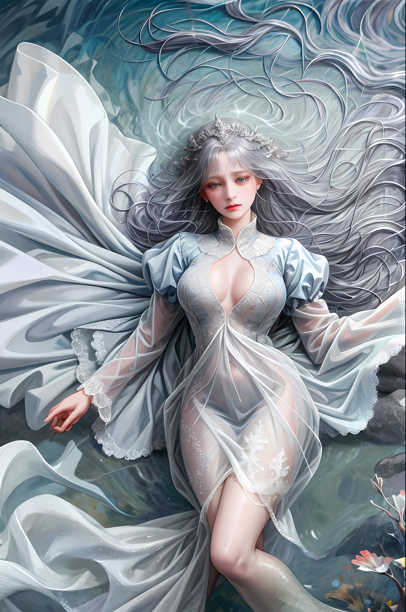 (absurd, high resolution, ultra detailed), 1 girl, alone, mature, (long dark gray hair), white dress, long sleeves, elegant, holy, colorful, more detailed, portrait, close-up, underwater, floating hair, sad flo, with tears, mermaid with human legs