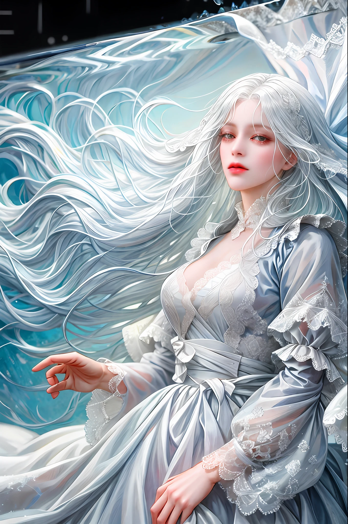 (absurd, high resolution, ultra detailed), 1 girl, single, mature, (long white hair), white dress, long sleeved, elegant, holy, colorful, more detailed, portrait, close-up, underwater, floating hair, flower