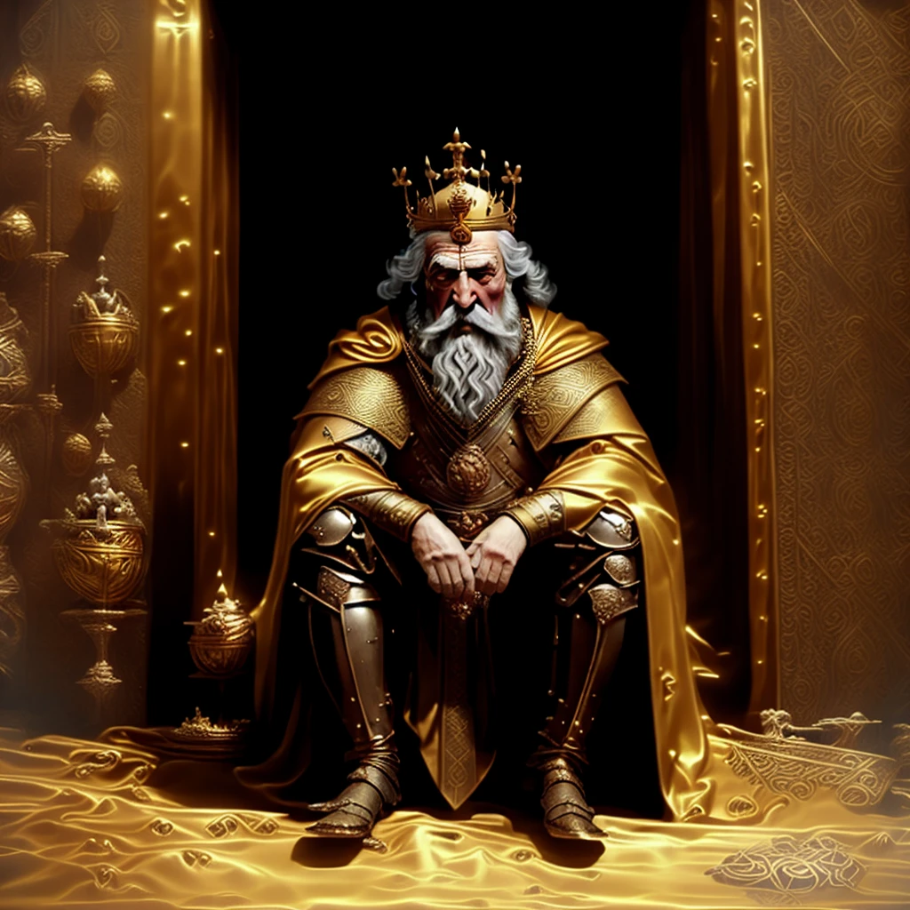 arafed man in a golden robe sitting on a suitcase, medieval old king, portrait of a medieval old king, portrait of medieval old king, sat in his throne, richard iv the roman king photo, king, sitting on golden throne, sitting on his throne, wearing kings crown, king arthur, sitting on throne, man with a crown, sitting on a golden throne