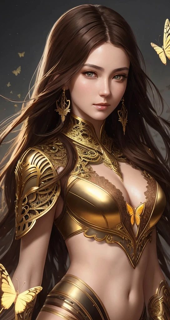 8k portrait of beautiful cyborg with brown hair, intricate, elegant, highly detailed, majestic, digital photography, art by artgerm and ruan jia and greg rutkowski surreal painting gold butterfly filigree, broken glass, (masterpiece, sidelighting, finely detailed beautiful eyes: 1.2), hdr,