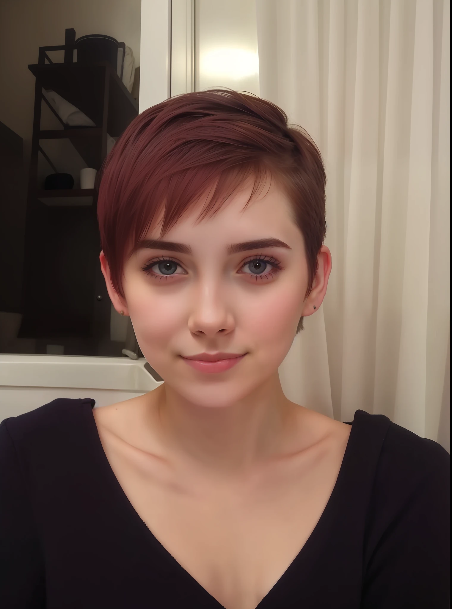 cute girl, white, short haircut, pale skin, slim body, straight from the shower, soft skin