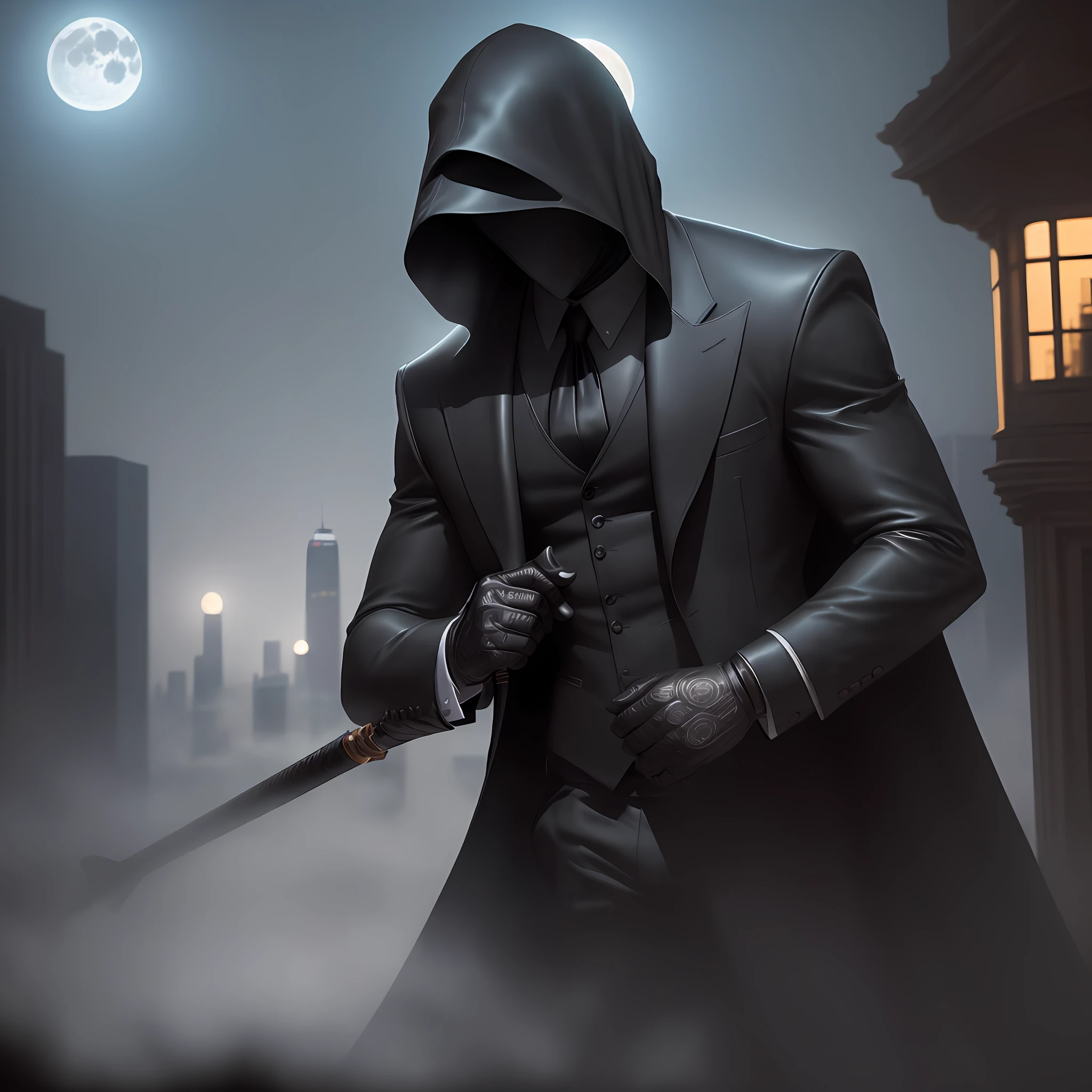 m man in black suit, super realistic, standing, holding a leather whip, in the background a city, with a beautiful moon, the city covered a mysterious mist, hiding his face, professional photo, hd, 64k, canon camera, nostalgic
