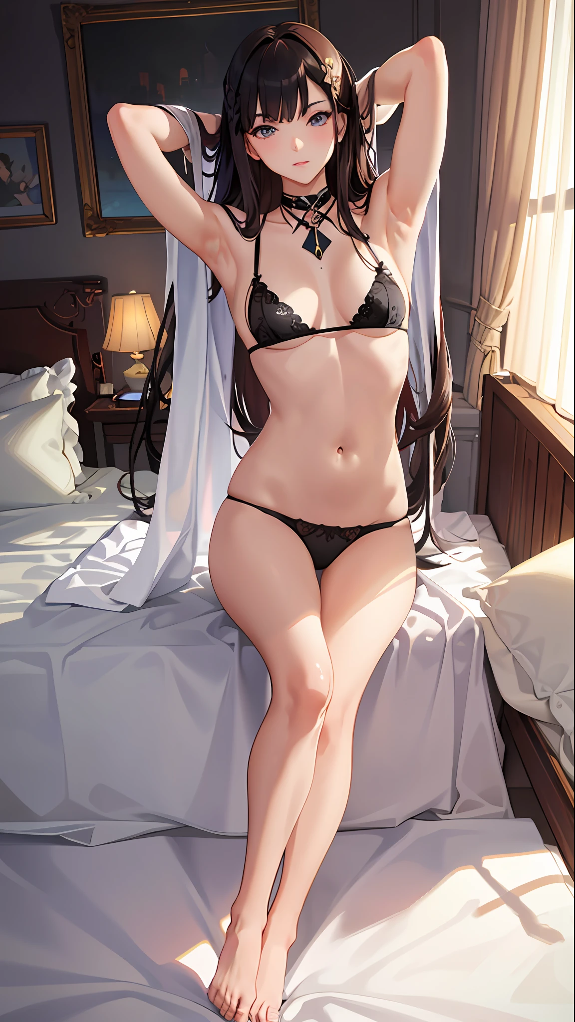 "(Masterpiece), best quality, anime style, effeminate, tied to bed,(1 trap:1.2),hard showing under panties:1.3), dark hair, light skin, arms raised, sfw, sensual, ecchi, ".