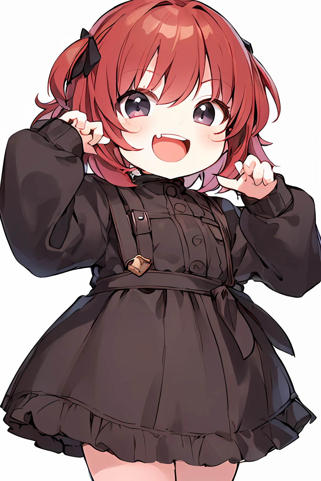 best quality, masterpiece, kyrielight mash, solo, 1girl, black eyes, :d, fat, black clothes, (chibi: 0.6), light red hair, short hair, sticker, emoji, cute, white background, ((laughing a lot )), chibi