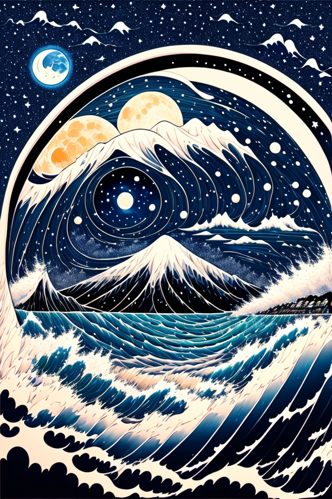 Intricate painting of a detailed ocean, japanese, by range murata, a big dark blue moon in the background, night, sparse clouds, vivid colors, high contrast, mountain scape, vector line art, trending in pixiv, anime concept art, awesome, matte, high quality, van gogh