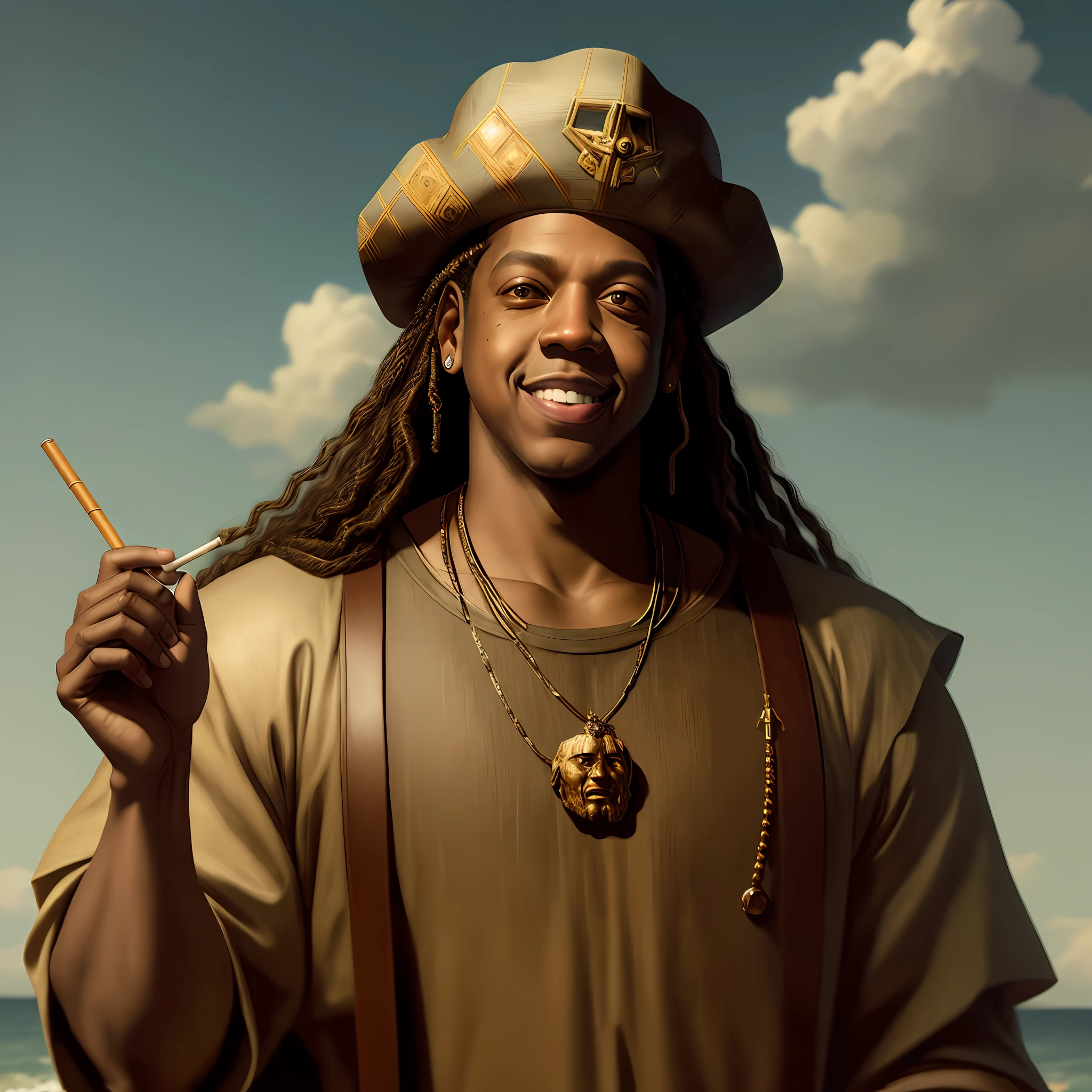 Jay Z, smiling, holding a cigarette, dressed like leonardo da vinci