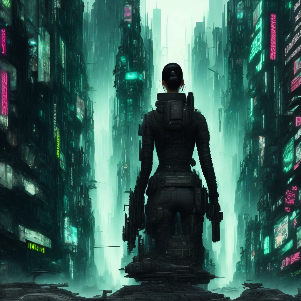 [(((masterpiece))), best quality, ultra-detailed], cyberpunk city, deadly Hiberpunk version of Adriana Lima, gray-green eyes, dark detailed hair, plump lips.