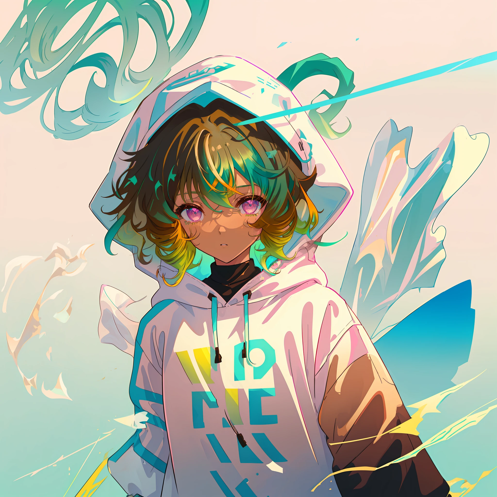 1girl, solo, solo focus, cowboy shot, portrait, oversized hoodie, aqua green and white hoodie, half aqua, half green, ((brown hair)), (yellow hair), (gradient hair :1.5), curly hair, ((pink eyes)), hyperdetailed eyes, tan, (caramel dark skin:1.1), best quality, ultra-detailed, white background, simple background
