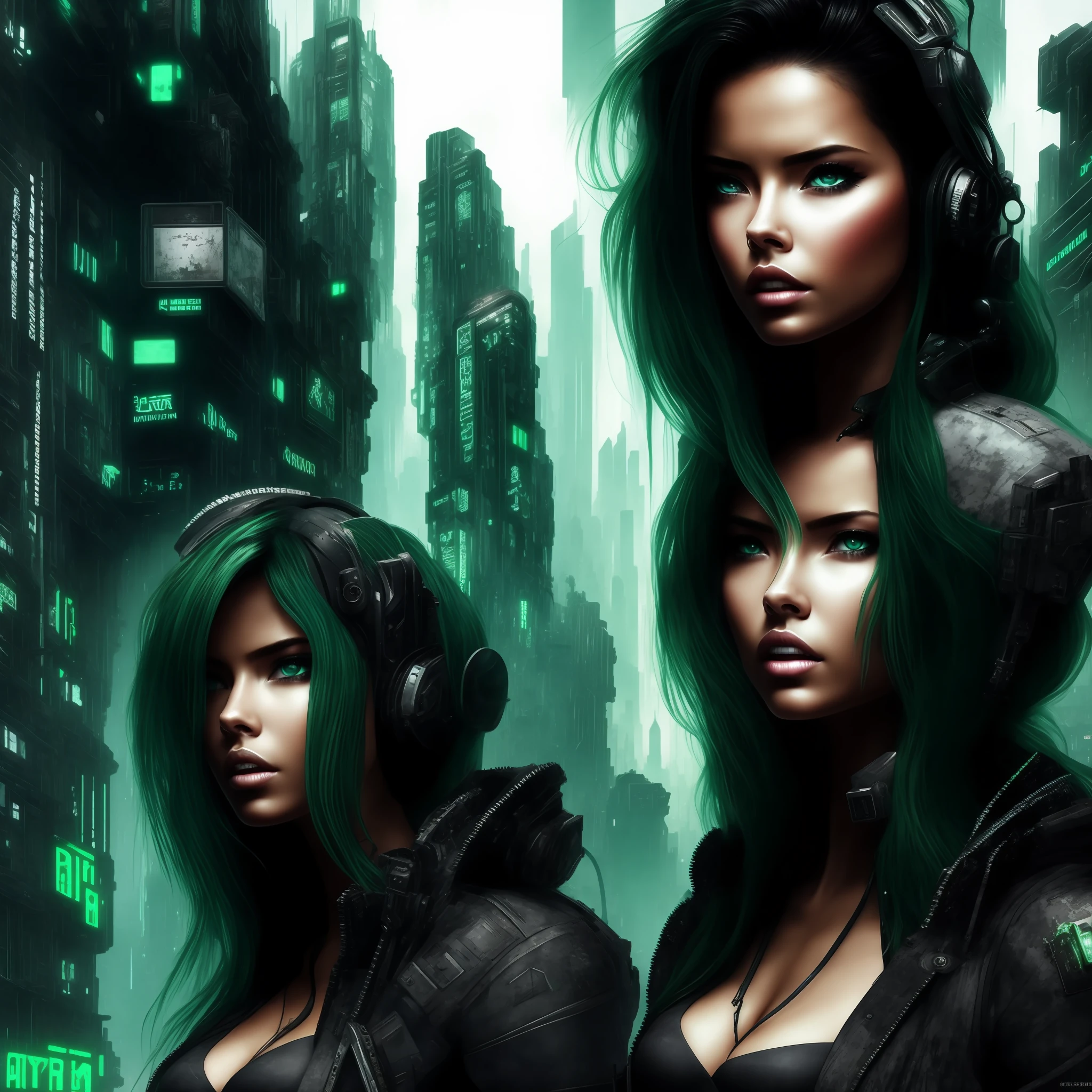 [(((masterpiece))), best quality, ultra-detailed], cyberpunk city, deadly Hiberpunk version of Adriana Lima, gray-green eyes, dark detailed hair, plump lips.