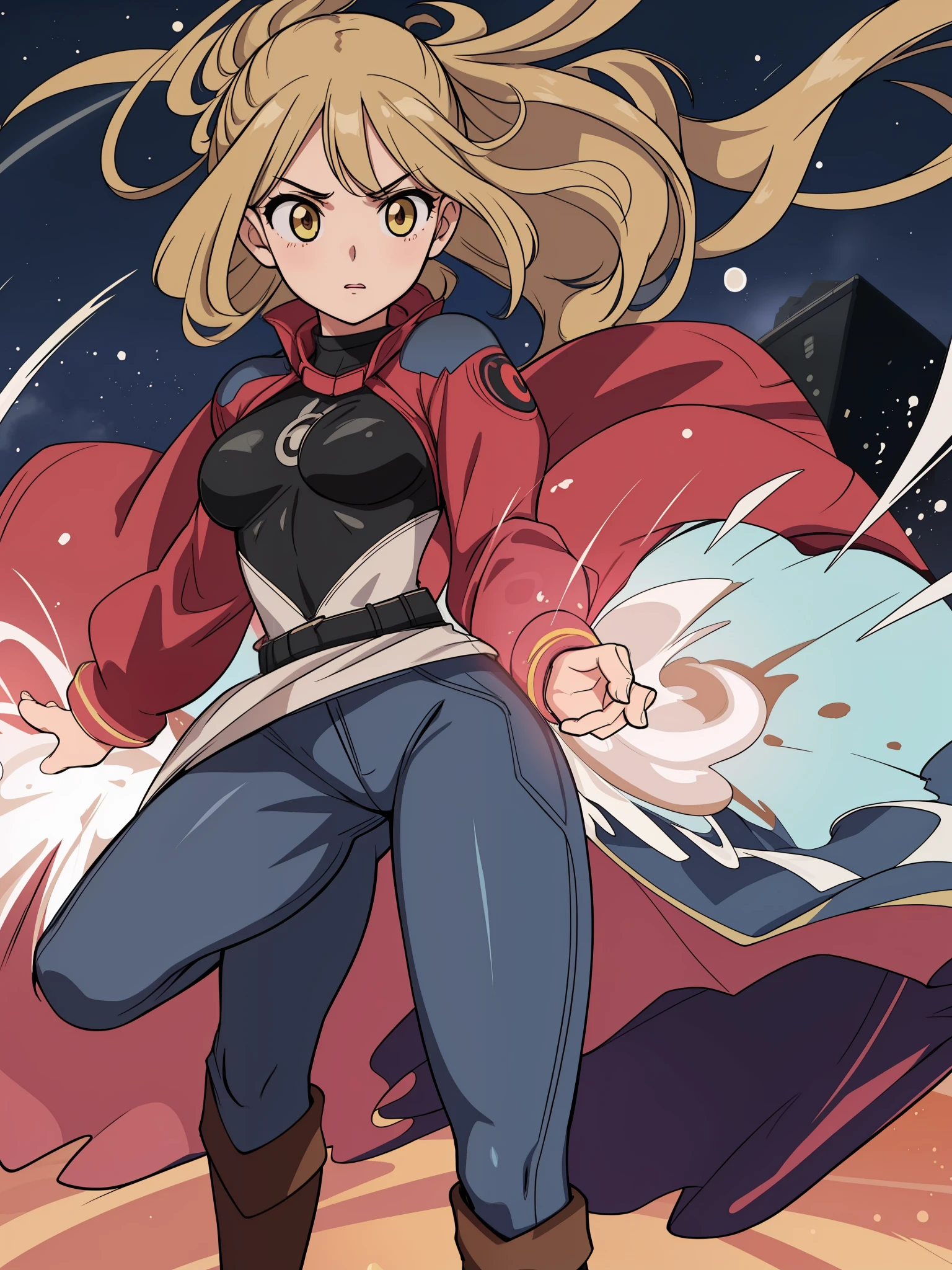 masterpiece, best quality, 1girl, female, superhero, covered legs, pants, covered bottom, boots, flat breast, matching boots, medium breasts, light particles, wind particles, aura, stand, standing, highleg, twirl, spin, tornado, tornado twirl, tornado spin, whirlwind, wind particles, city backdrop, time travel, solo,