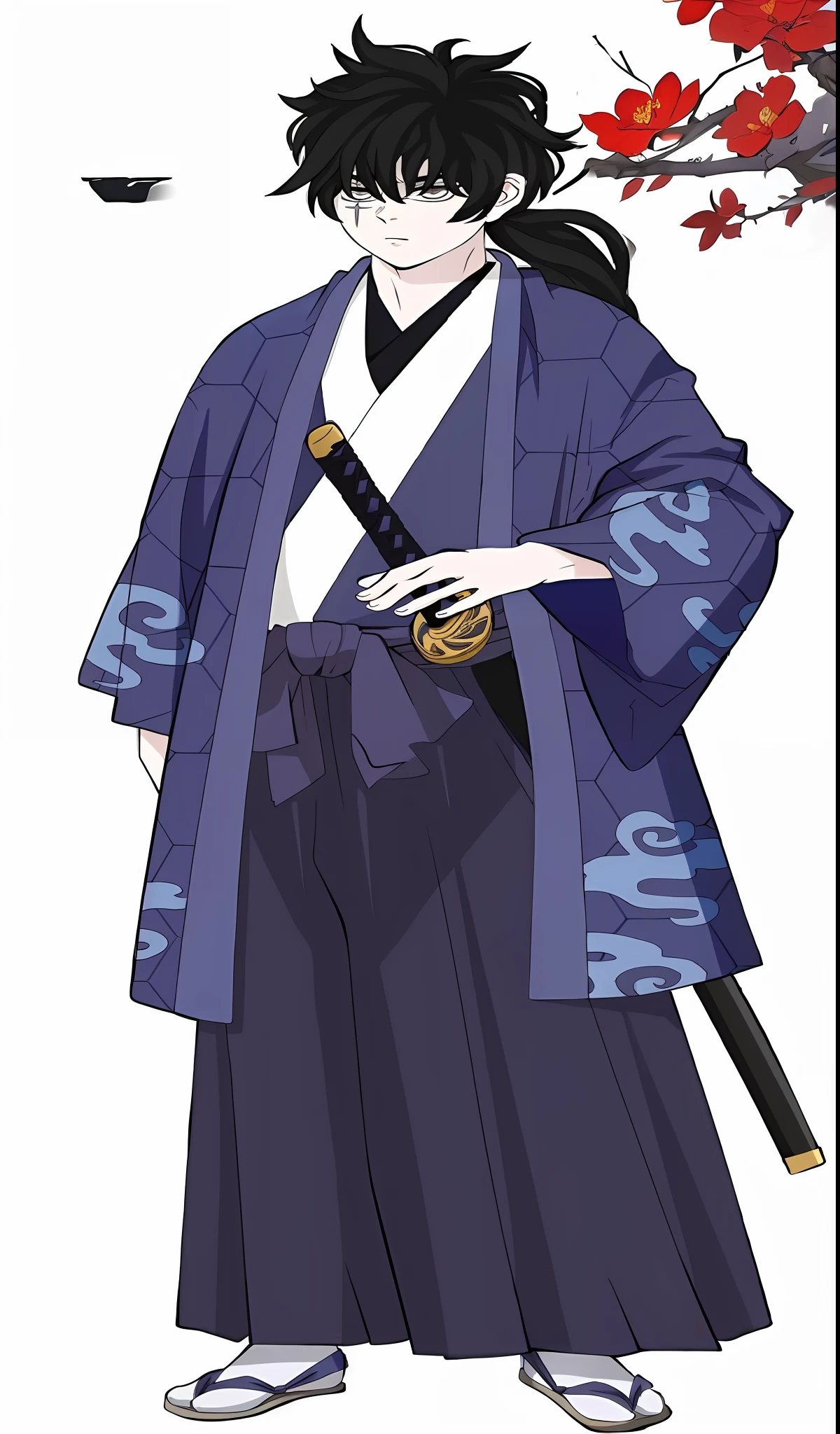 (masterpiece, best quality), (grey eyes), alternate universe, (red katana), standing, full body, 1boy, urahara kisuke, solo, black hair,