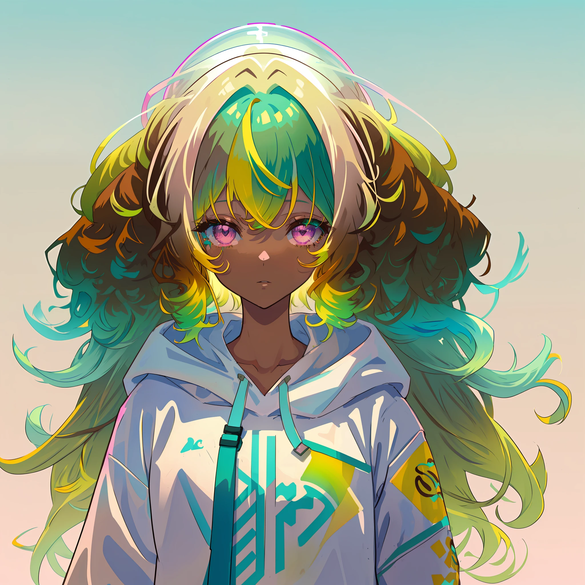1girl, solo, solo focus, cowboy shot, portrait, oversized hoodie, aqua green and white hoodie, half aqua, half green, ((brown hair)), (yellow hair), (gradient hair :1.5), curly hair, ((pink eyes)), hyperdetailed eyes, tan, (caramel dark skin:1.1), best quality, ultra-detailed, white background, simple background