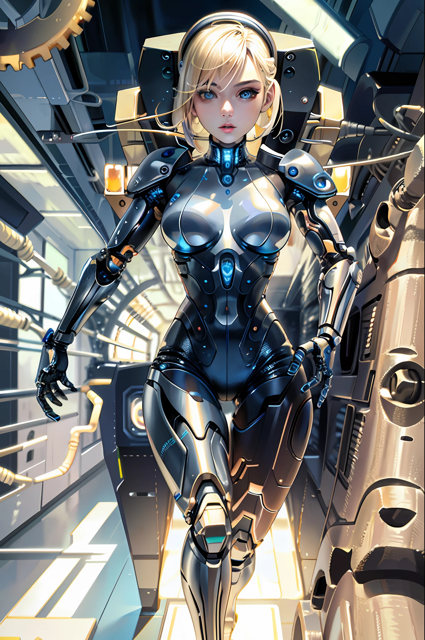 A biomechanical blonde girl with ultra high resolution cybernetic body, (photorealistic: 1.4), (masterpiece, top quality, best quality),mshn in a futuristic city