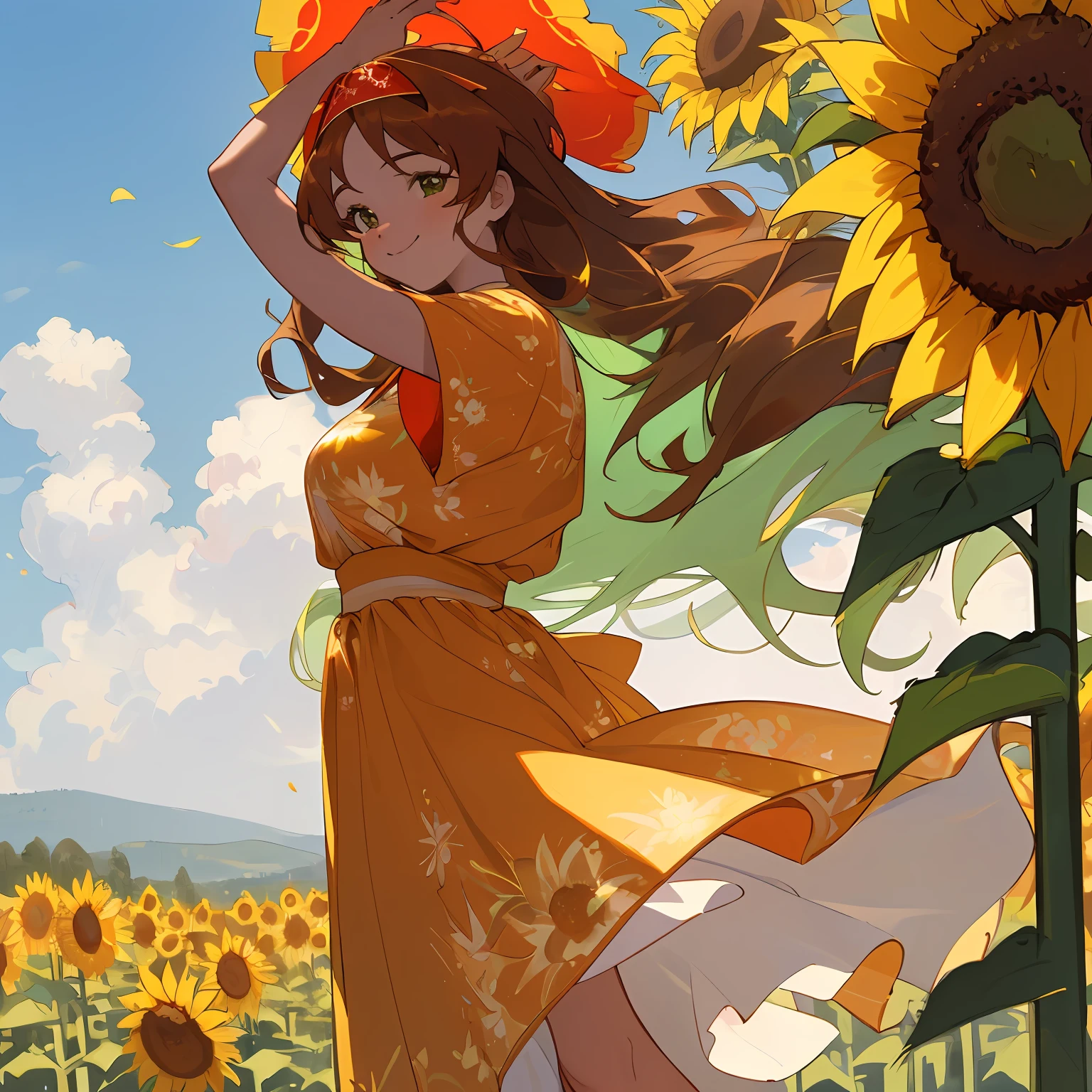 ((best quality)), ((masterpiece)), ((realistic cartoon)), ((perfect character)), ((extremely detailed 8k CG wallpaper)),
Emerald-eyed girl, radiating joy, with flowing chestnut locks, adorned with a vibrant red headband, dressed in a resplendent yellow sundress, basking in the warm glow of a summer afternoon, surrounded by blooming sunflowers and lush greenery. Her smile captivates with genuine happiness, while the clear blue sky and gentle breeze add to the scenic masterpiece, an 8k ultra HD landscape capturing this amazing scenery.