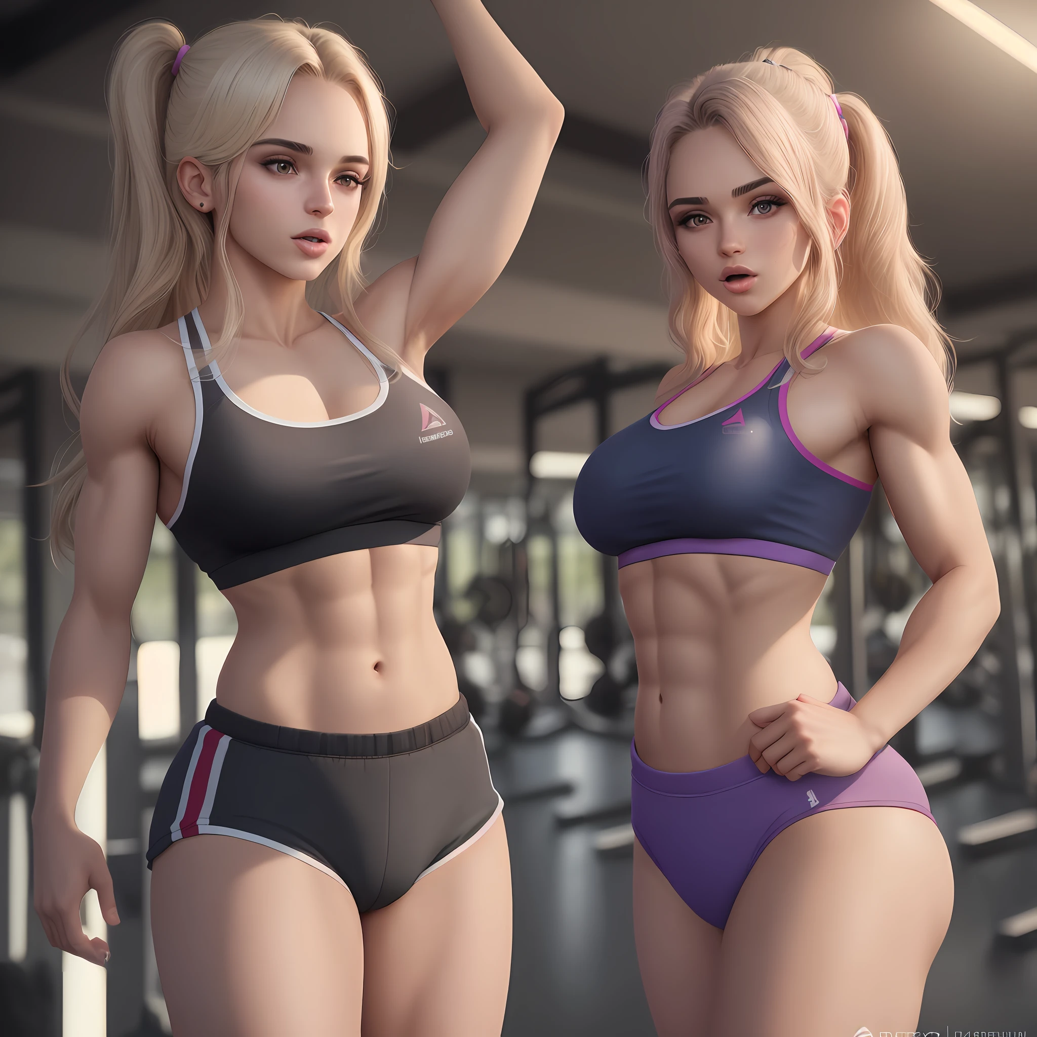 A 25-year-old femboy showing off his toned body in a women's gym outfit, while licking the armpit of a beautiful Brazilian girl also wearing a gym outfit. Photorealistic and with detailed skin texture, this 4k masterpiece will blow your mind.