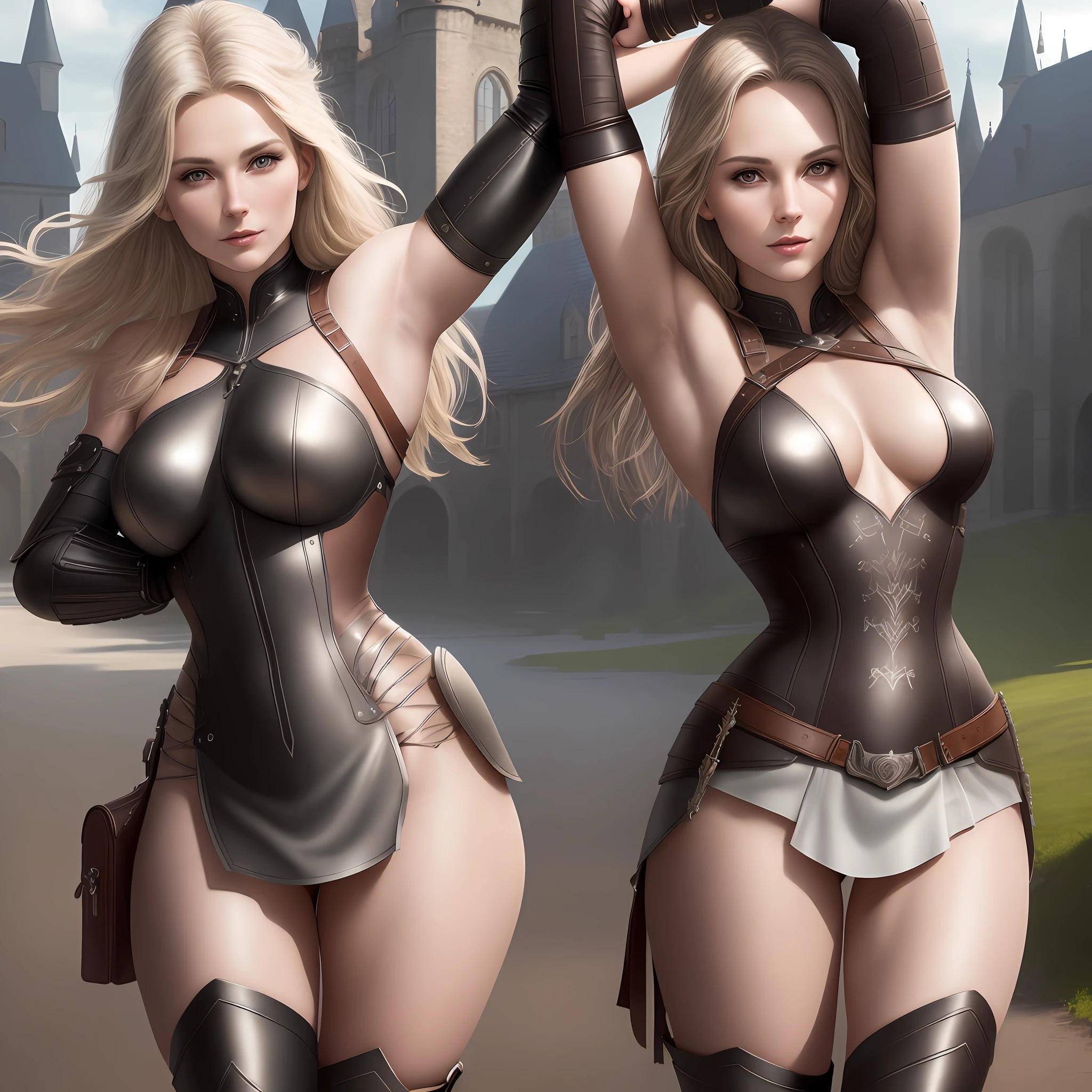 beautiful mature swedish college girl in leather straps warrior suit outside a castle, arms-up, armpit, dark eyeliner, toned tight body, photorealistic, photo, masterpiece, realistic, realism, photorealism, high contrast, photorealistic digital art trending in Artstation 8k HD high definition detailed realistic, detailed, skin texture, hyper detailed, realistic skin texture, best quality, ultra high resolution, (photorealistic: 1.4), high resolution, detailed, raw photo