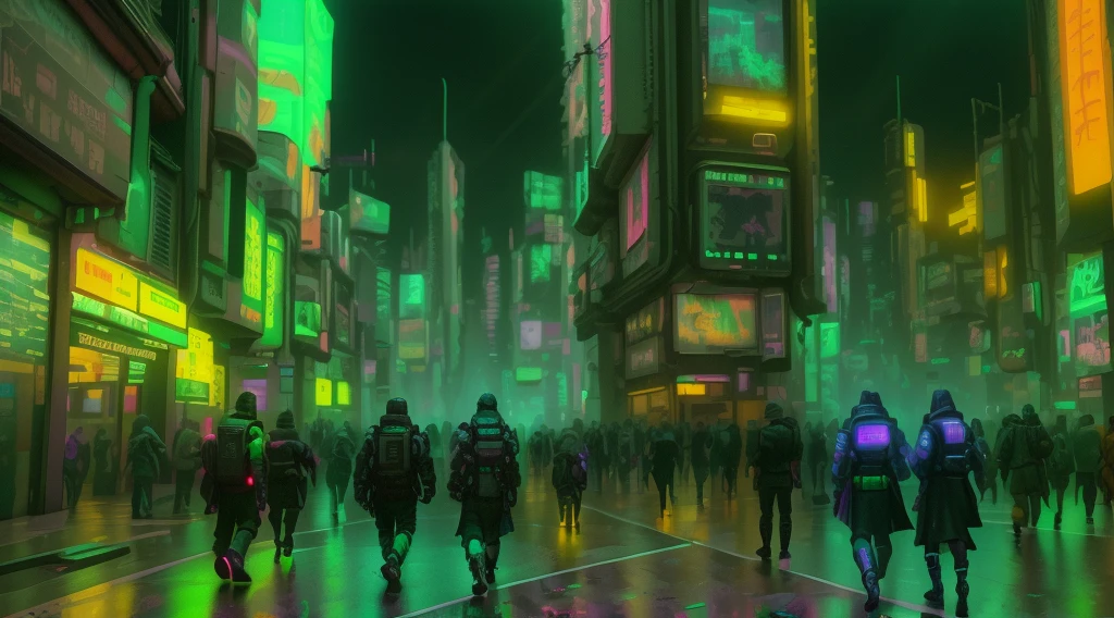 people walking in a city at night with neon lights, busy cyberpunk metropolis, futuristic cyberpunk scenario, cyberpunk in a cyberpunk city, in cyberpunk city, sci - fi scene future new york, in a futuristic cyberpunk city, cyberpunk city street, hyper realistic cyberpunk city, sci-fi cyberpunk city street, cyberpunk concept art, hyper-realistic cyberpunk style, cyberpunk metropolis