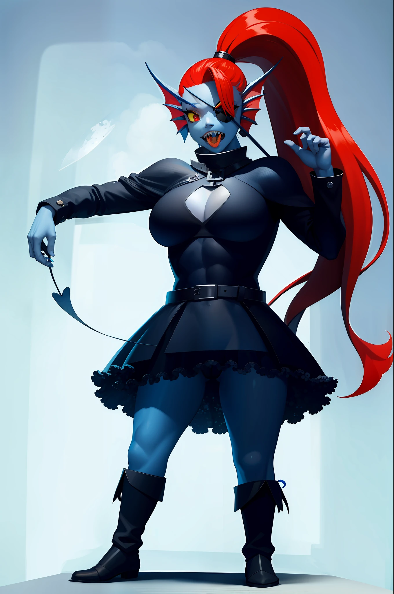 (Masterpiece, Best Quality, High Quality, High Resolution: 1.4), Detailed, Extremely Detailed, Ambient Soft Lighting, 4K,
Black background, plain background,
1Girl, (solo:1.4), (Blue skin:1.6), Standing, full body, (undyne:1.2),
(red hair: 1.2), high ponytail, head fins,
(yellow sclera, slit pupils: 1.2), (eye patch: 1.2),
smile, white teeth, sharp teeth, open mouth,
Black bikini, Black panties,
Big breasts, abs,